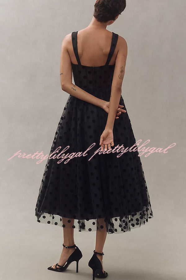 Elegant Polka Dot Sweetheart Bustier A-Line Midi Dress for Women - Perfect for Weddings, Parties & Special Occasions