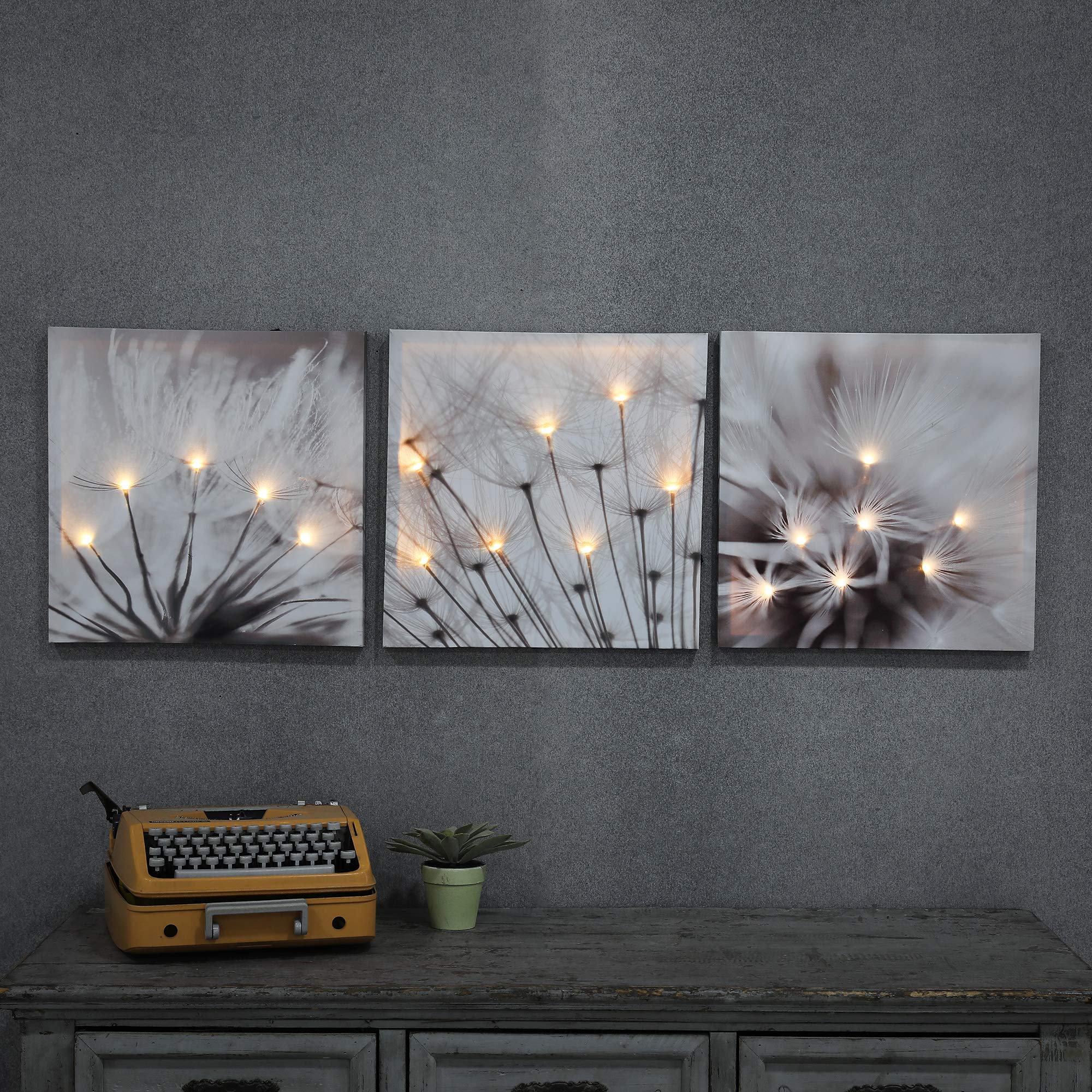LuxenHome 3-Piece Dandelion Canvas Wall Art - Lighted Botanical Decor for Living Room & Bedroom