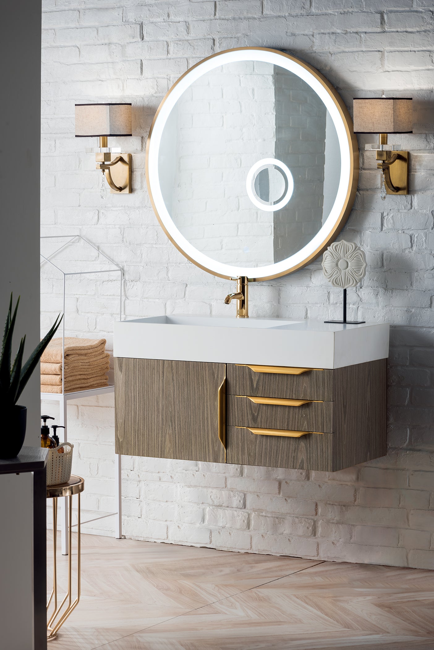 Mercer Island 36 Inch Single Bathroom Vanity in Ash Gray with Radiant Gold Accents and Glossy White Composite Top - Perfect for Modern Master Bathrooms and Powder Rooms