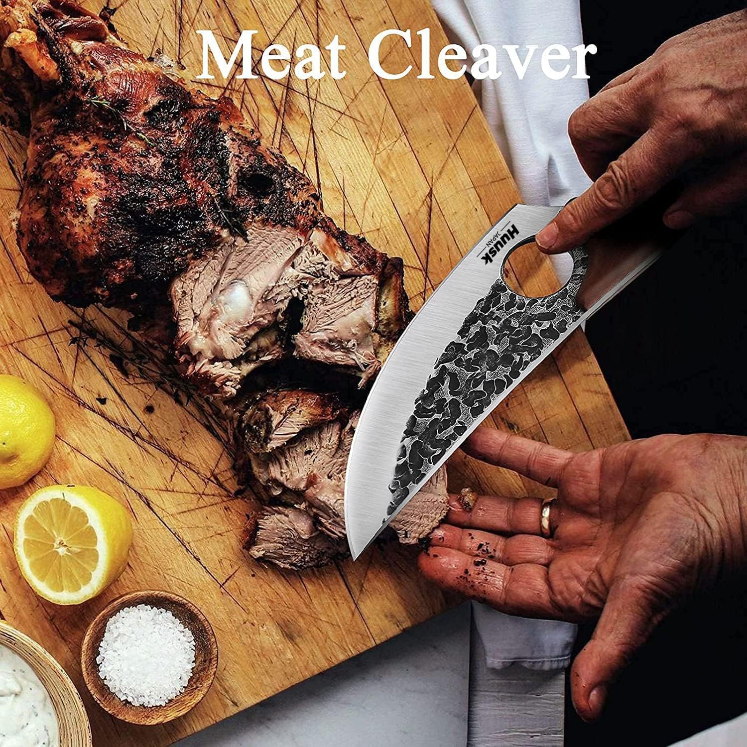 Premium Huusk Viking Knives - Japanese Style Forged High Carbon Steel Meat Cleaver & Boning Knife with Sheath - Professional Chef Knives for Kitchen, Camping, BBQ - Perfect Thanksgiving & Christmas Gifts for Home Cooks and Outdoor Enthusiasts