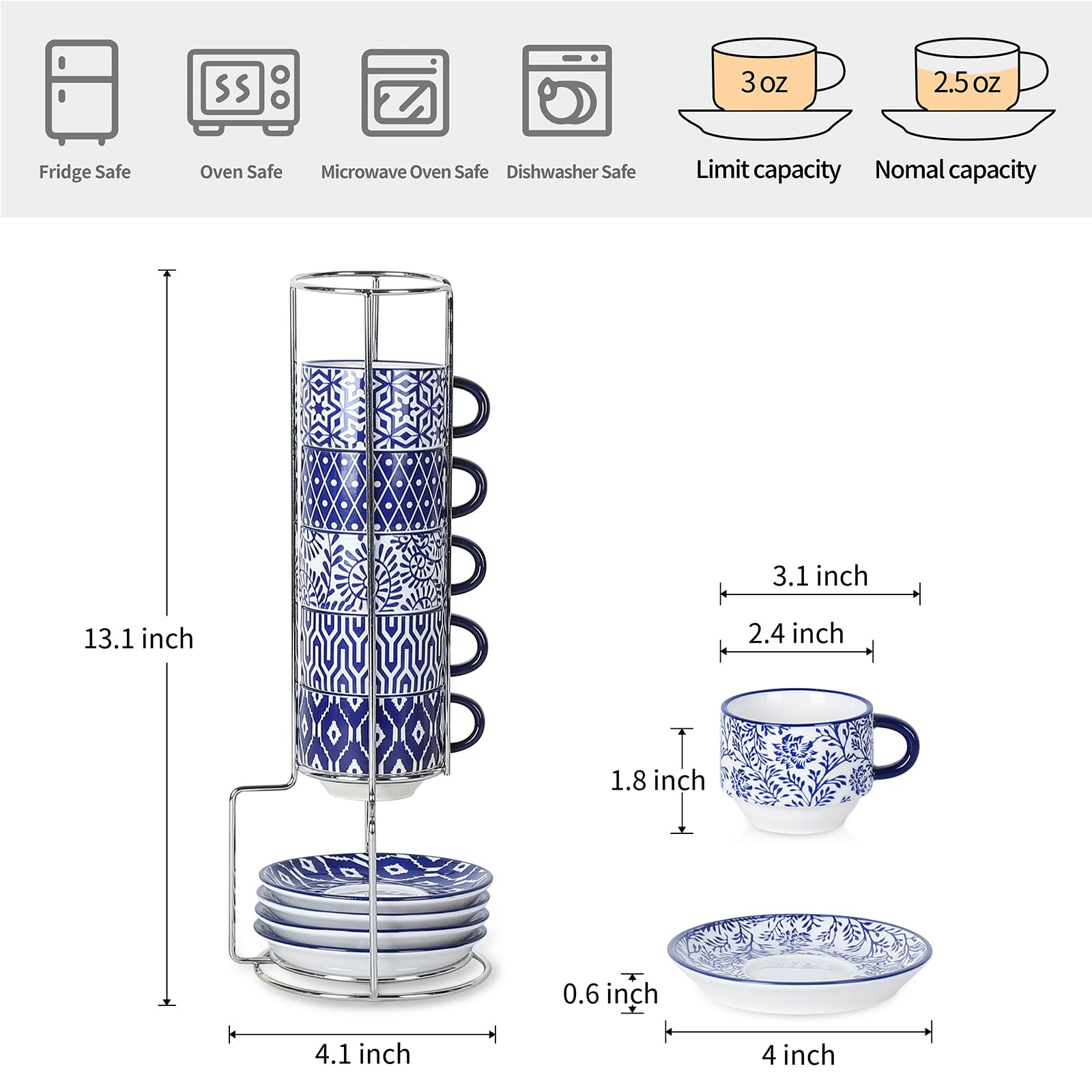 Selamica 6-Piece Vintage Blue Ceramic Espresso Cup Set with Saucers & Metal Stand - 2.5 oz Stackable Demitasse Cups for Latte, Coffee, Café Mocha & Tea - Perfect for Home Coffee Bars, Italian Restaurants & Gift Giving