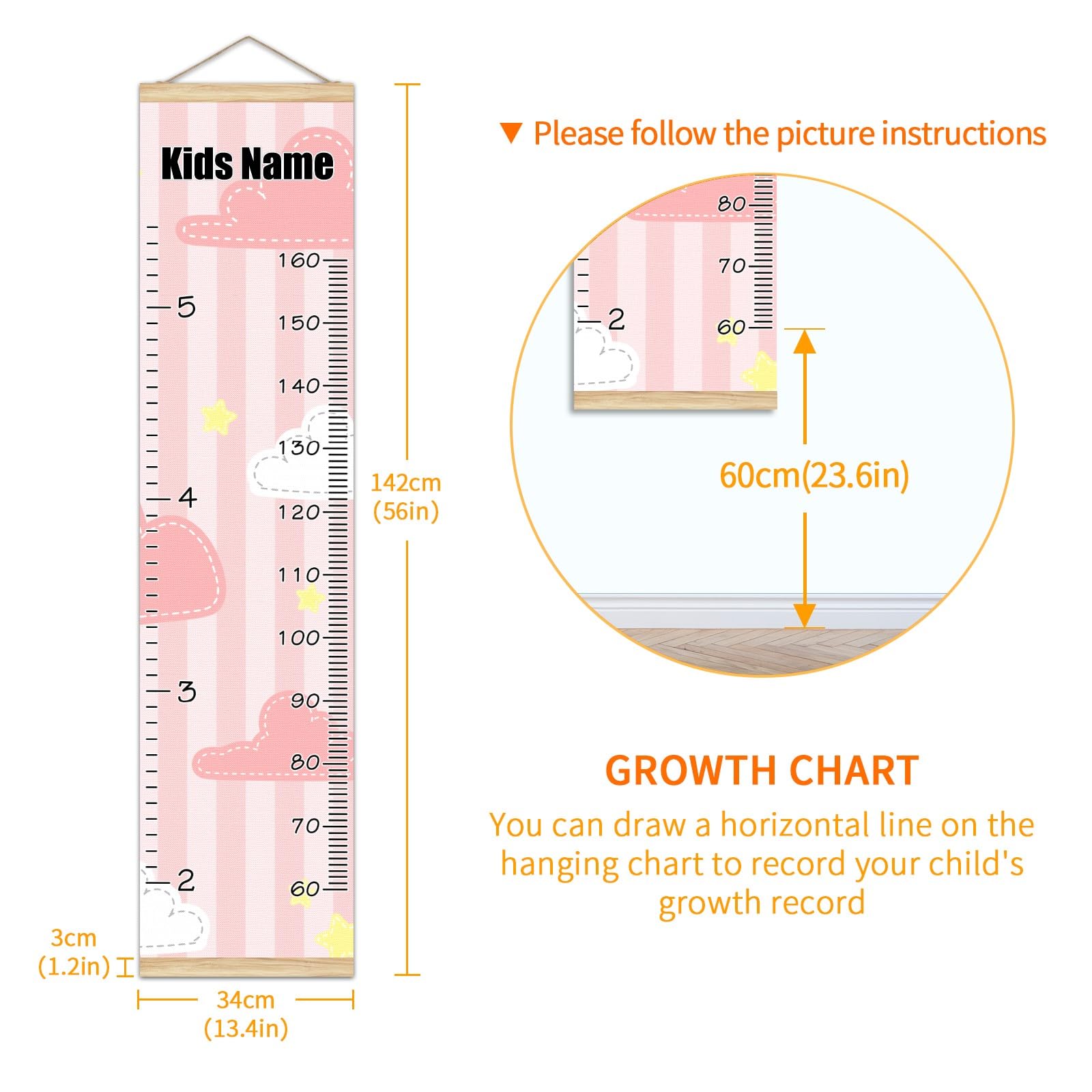 Personalized Kids Name Growth Chart Ruler - Wood Frame Wall Decor for Measuring Child's Height 13.4x56 Inches - Linen Hanging Height Tracker for Nursery & Bedroom - Cute Pink Room Decor for Girls & Boys (Perfect for Baby Showers, Birthdays & Milestone Tracking)