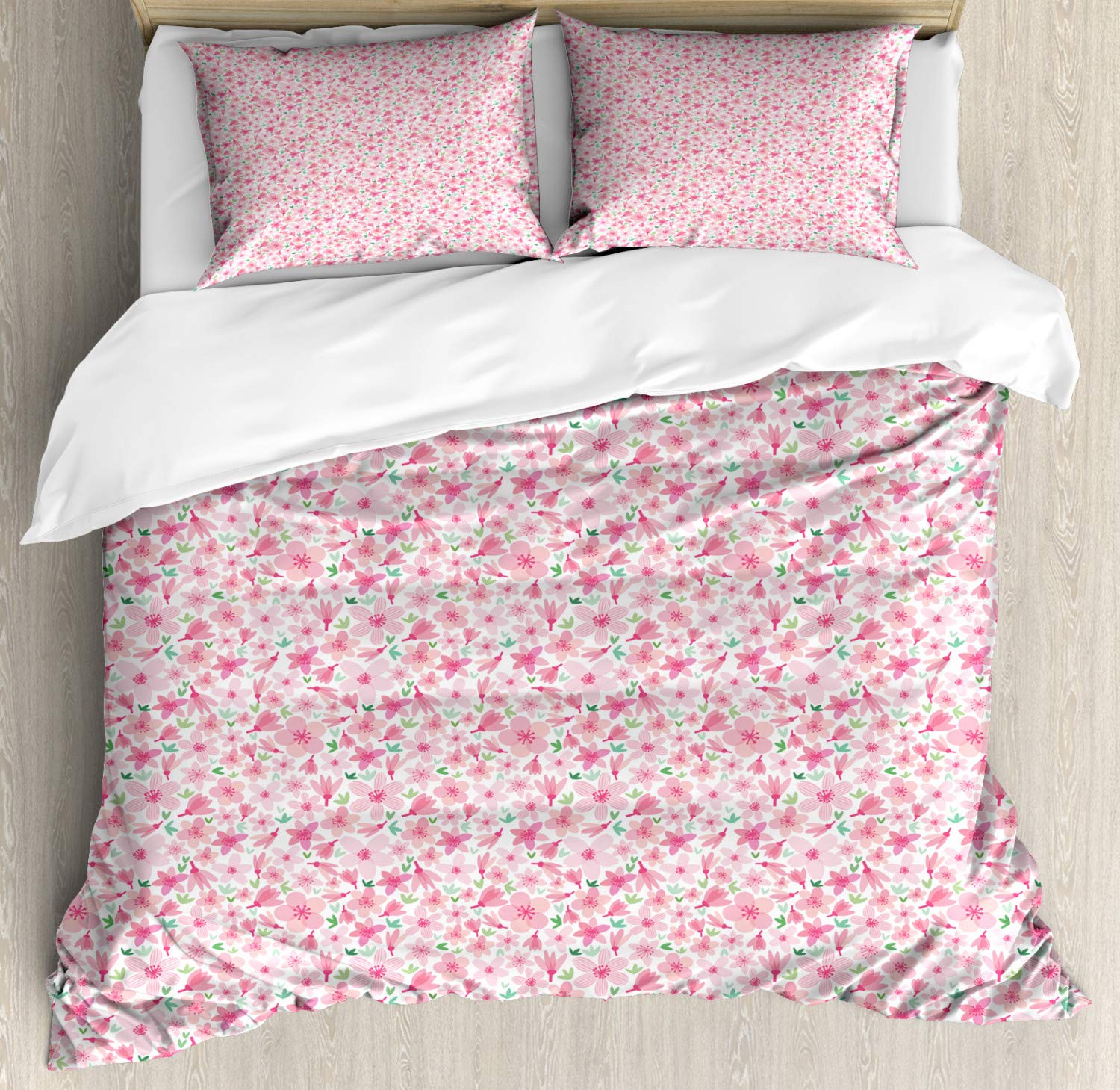 Ambesonne Cherry Blossom Duvet Cover Set - 3 Piece California King Size Bedding with 2 Pillow Shams, Pink Rose & Green Sakura Floral Design, Soft & Breathable - Perfect for Spring Bedroom Decor, Guest Rooms & Cozy Home Styling