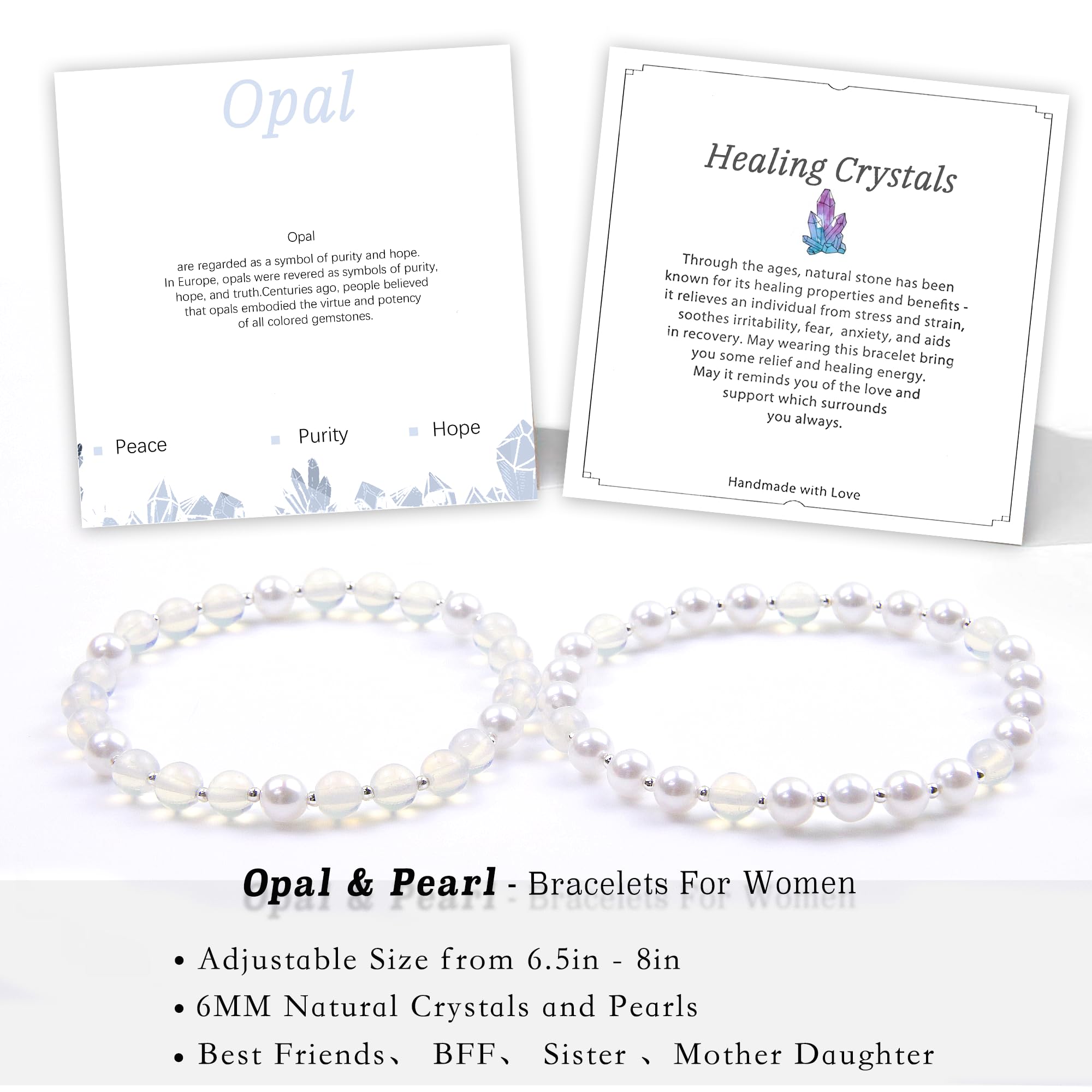 Opal Bracelet for Women - BFF Sister Friendship Bracelet Set of 2, Pearl Beaded Bracelets for Best Friends, Mother Daughter Matching Jewelry Gift - Perfect for Anniversaries, Birthdays and Special Occasions