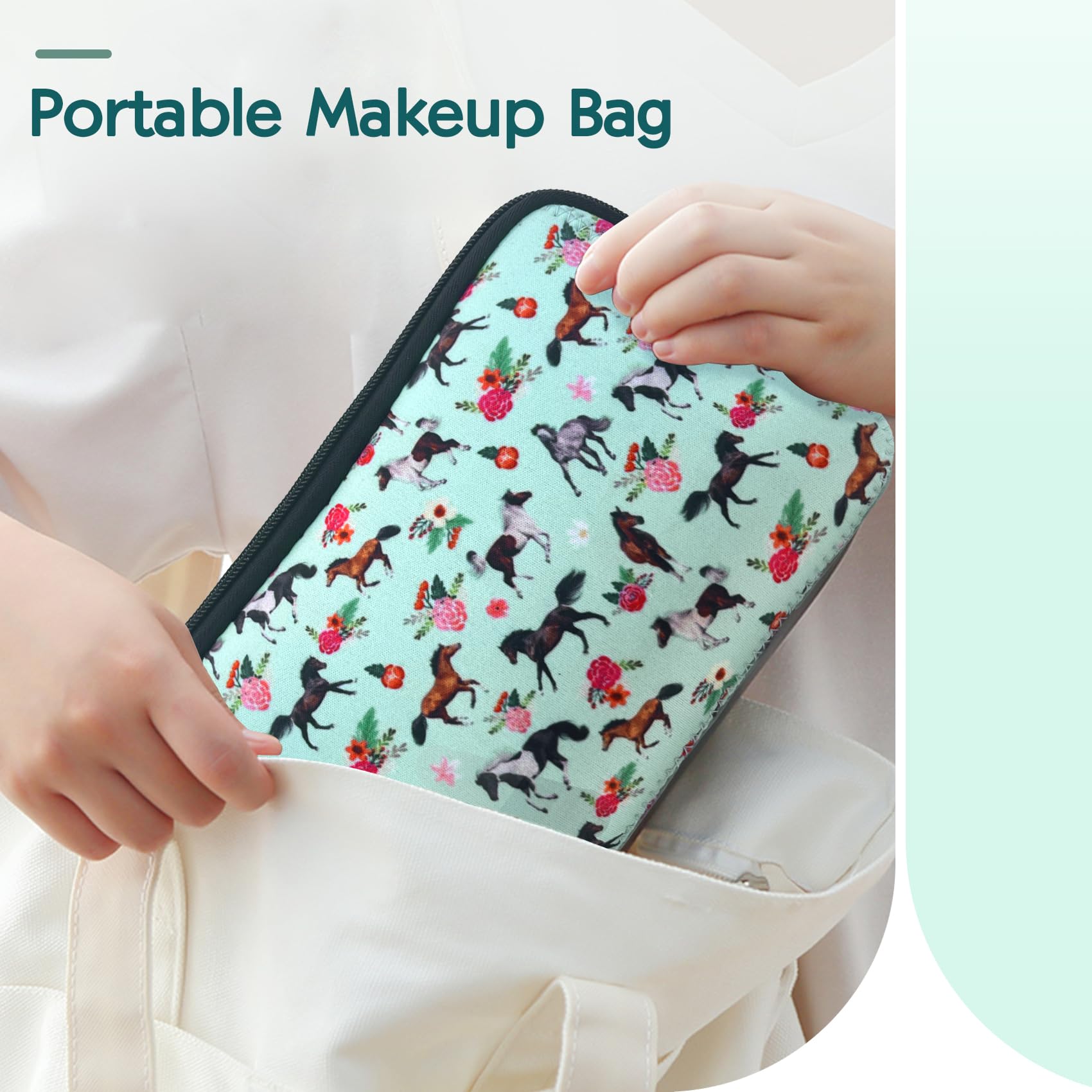 Waterproof Neoprene Makeup Bag for Women - Cute Horse Print Cosmetic Pouch with Zipper, Portable Travel Toiletry Organizer for Purse - Perfect Gift for Teacher, Mom, Sister & Girlfriend - Great for Travel, Gym & Daily Beauty Essentials