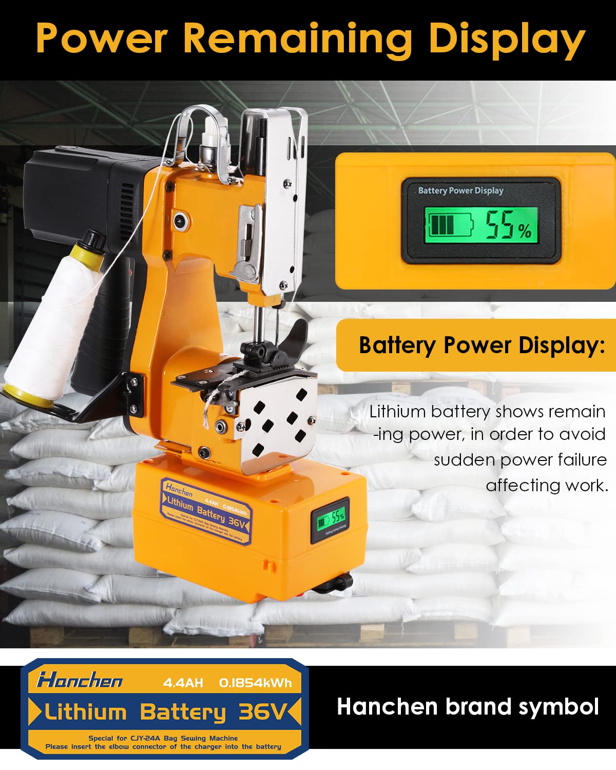 Hanchen Cordless Bag Sewing Machine - Portable Lithium Battery Bag Closer for Woven Bags, Automatic Stitching Packing Machine for Feed Sacks, Jute Bags, Seed Bags & Vinyl Rice Bags - Ideal for Agriculture, Packaging & Industrial Use
