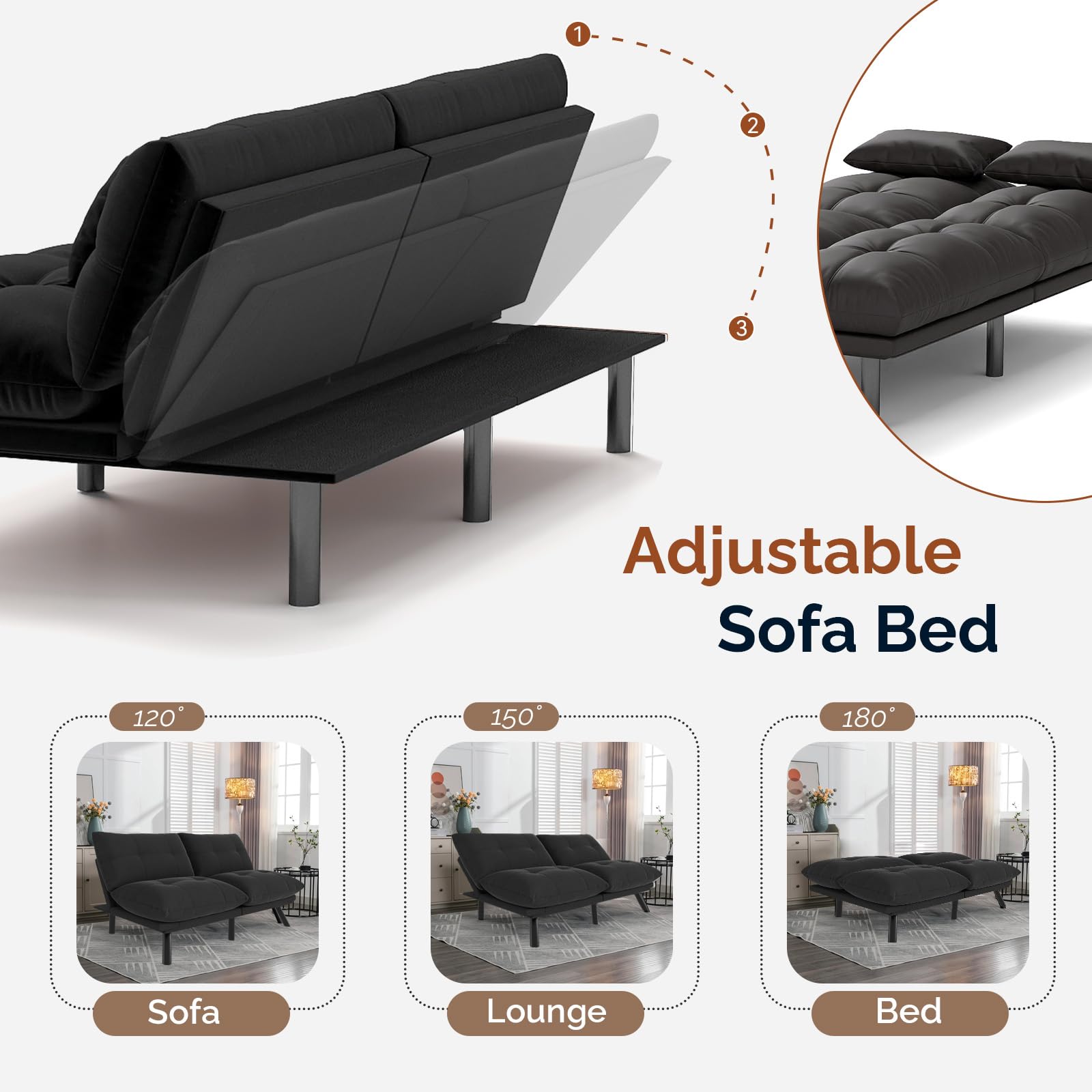 Convertible Futon Sofa Bed with Water-Resistant Fabric & 2 Cushions - Light Black | Space-Saving Sleeper Sofa for Small Apartments, Guest Rooms & Dorm Living