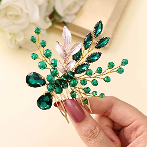 Sparkling Crystal Bridal Hair Comb - Rhinestone Wedding Side Comb with Leaf Design for Women & Girls (Emerald Green) | Perfect for Brides, Prom, Pageants & Special Occasions