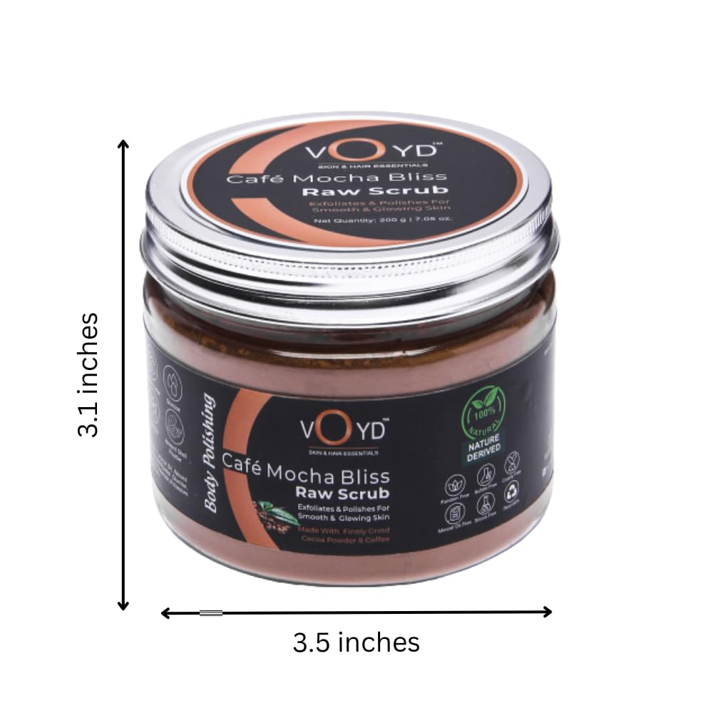 Organic VOYD Raw Coffee & Cocoa Body Scrub - Natural Exfoliator for Smooth, Glowing Skin | Paraben & Silicone Free Tan Removal Scrub for Men & Women | Includes Wooden Scoop (150g) | Perfect for Spa Day, Post-Workout Refresh & At-Home Skincare Routine
