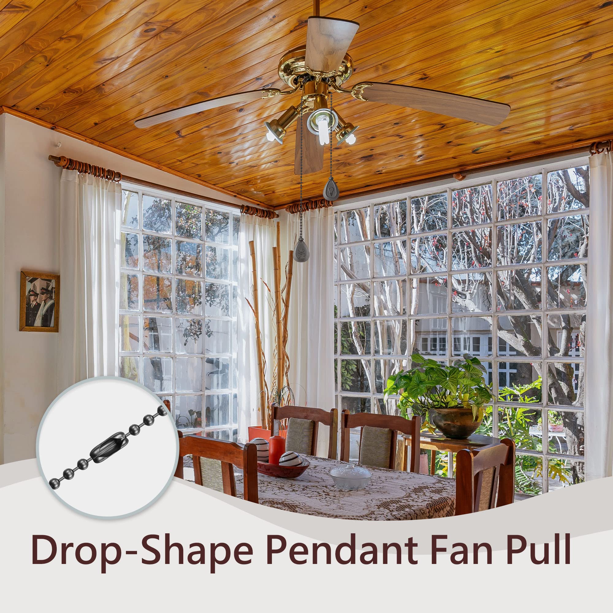 13.6 Inch Black Ceiling Fan Pull Chain Set with Drop-Shape Pendant & Ball Chain Connector - Light/Fan Control Replacement - Perfect for Bedroom, Living Room, and Office Fan Repair