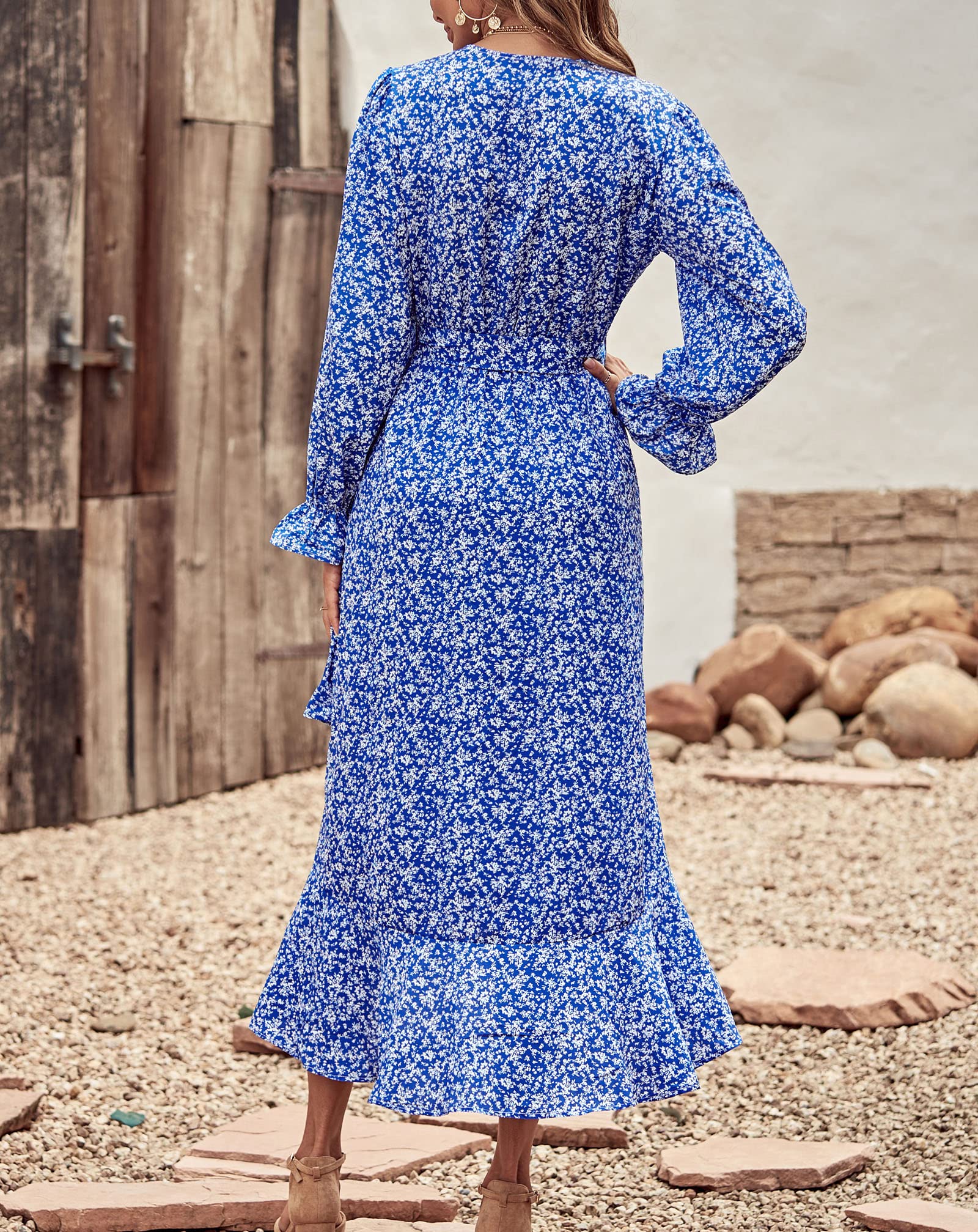 BTFBM Women's Long Sleeve Floral Dress - V Neck High Waist Ruffle Boho Maxi Dress for Spring Summer 2025 | Wedding Guest Dress, Garden Party, Date Night & Special Occasions