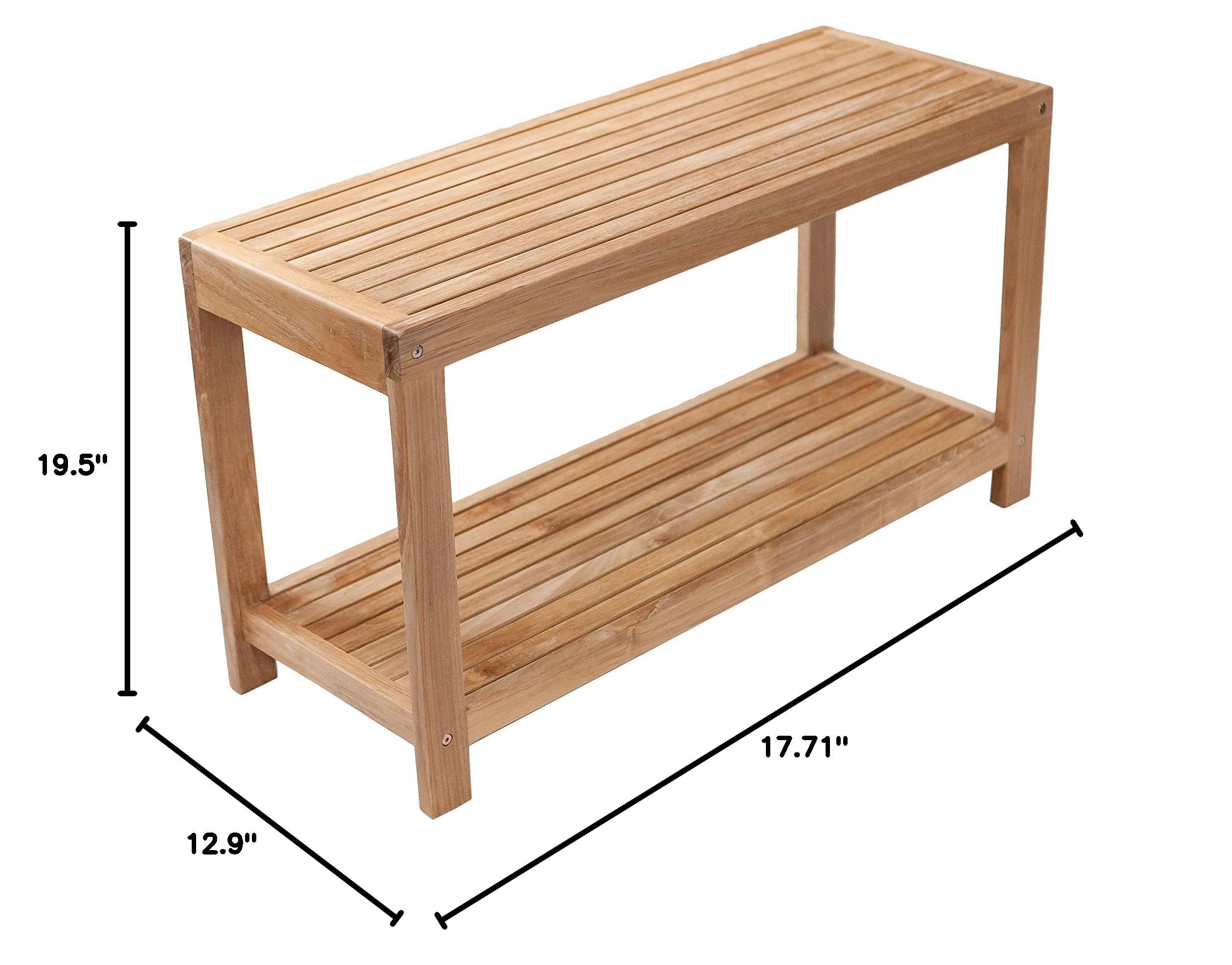 Premium Nordic Style Teak Wood Shower Stool & Spa Bench with Storage Shelf | Indoor/Outdoor Waterproof Teakwood Bath Seat | Natural Finish 35