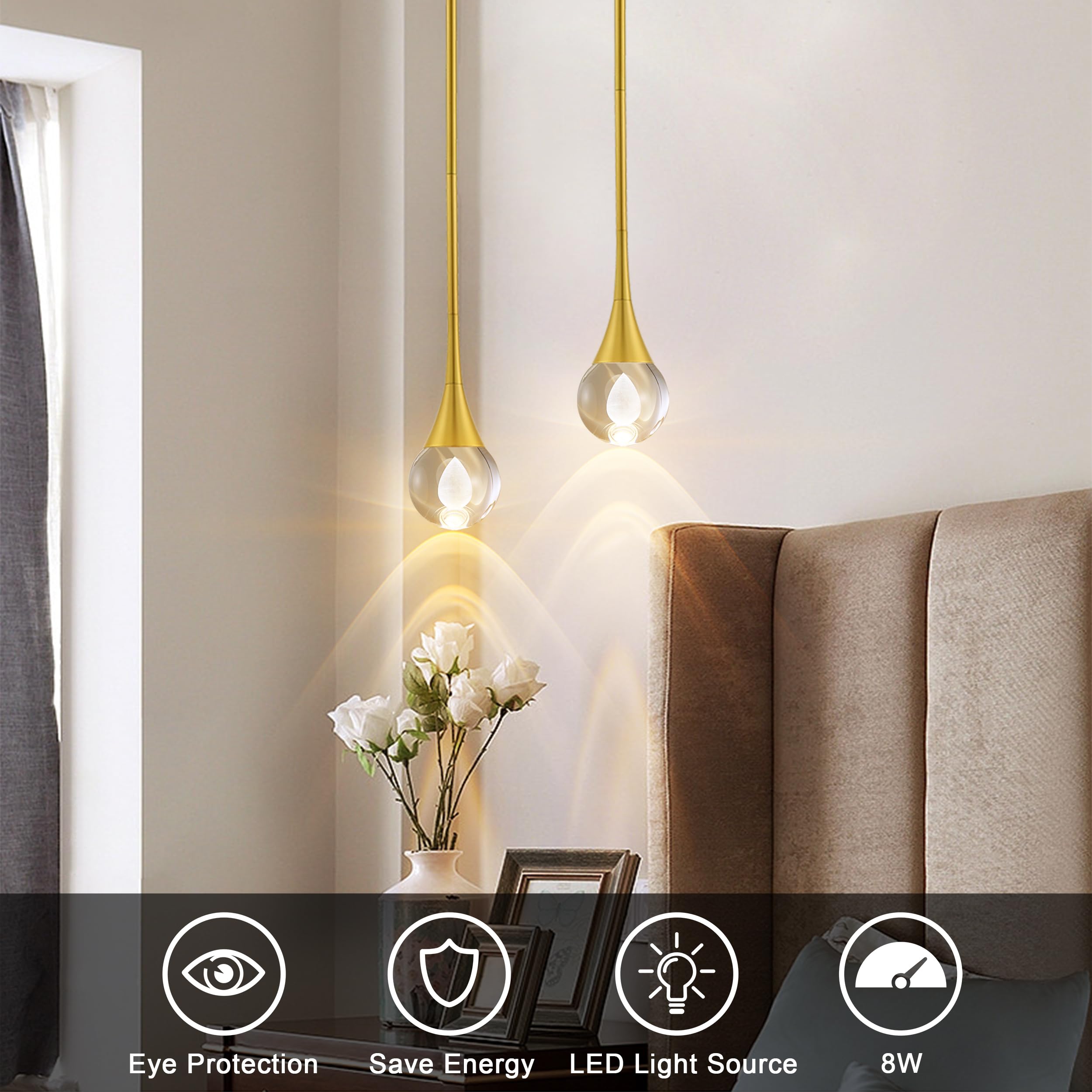 Modern Gold Teardrop Crystal Pendant Light - 8W Dimmable LED Mini Globe Fixture with 3 Color Temperatures for Kitchen Island, Bathroom & Bedroom | Elegant Lighting for Dining Rooms, Hallways and Entryways