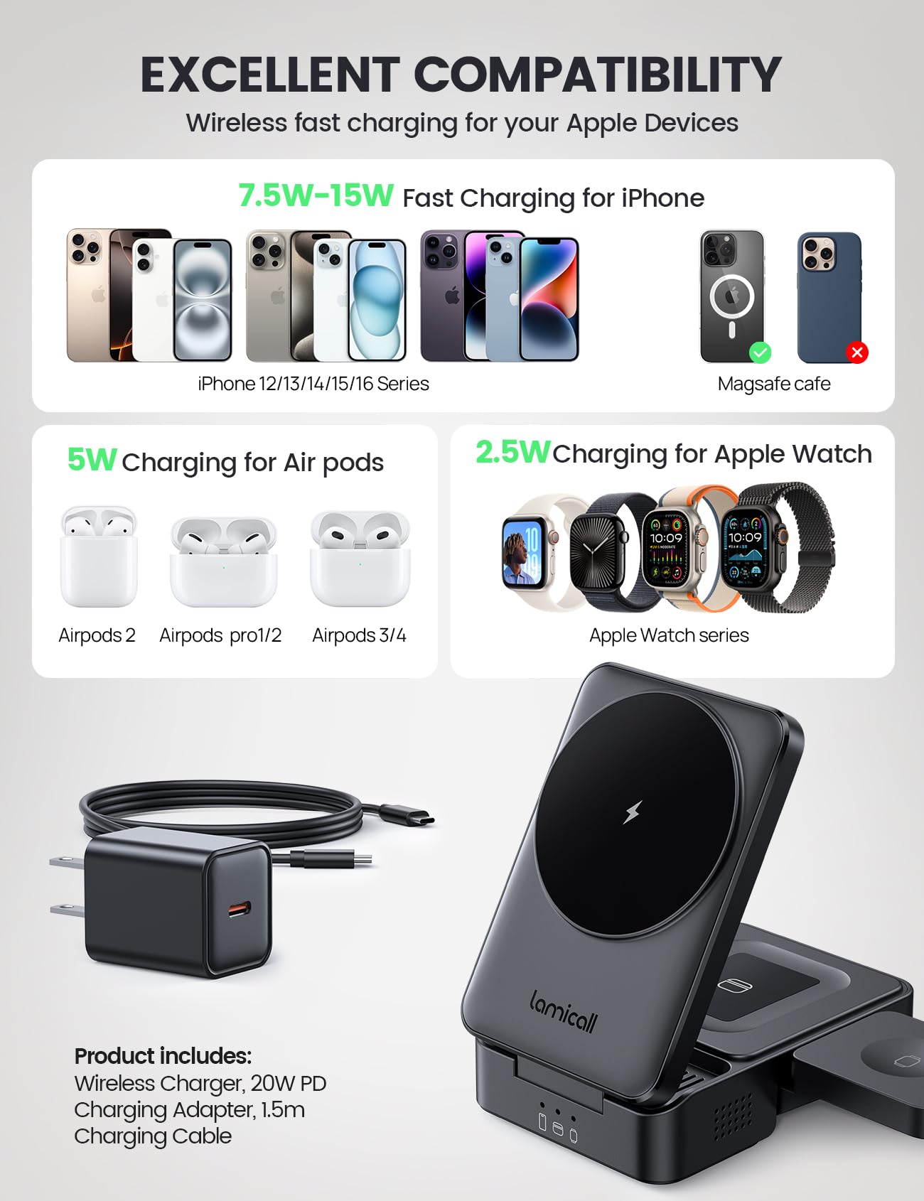 3-in-1 Foldable MagSafe Charging Station for iPhone 16/15/14/13, Apple Watch & AirPods - Portable Wireless Charger Stand with Fast Charging | Perfect for Travel, Office & Nightstand Use