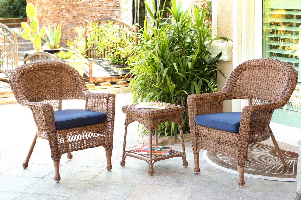 Jeco 3-Piece Wicker End Table Set with Blue Cushioned Chairs - Honey Finish Patio Furniture for Outdoor Living Room, Garden & Poolside Decor
