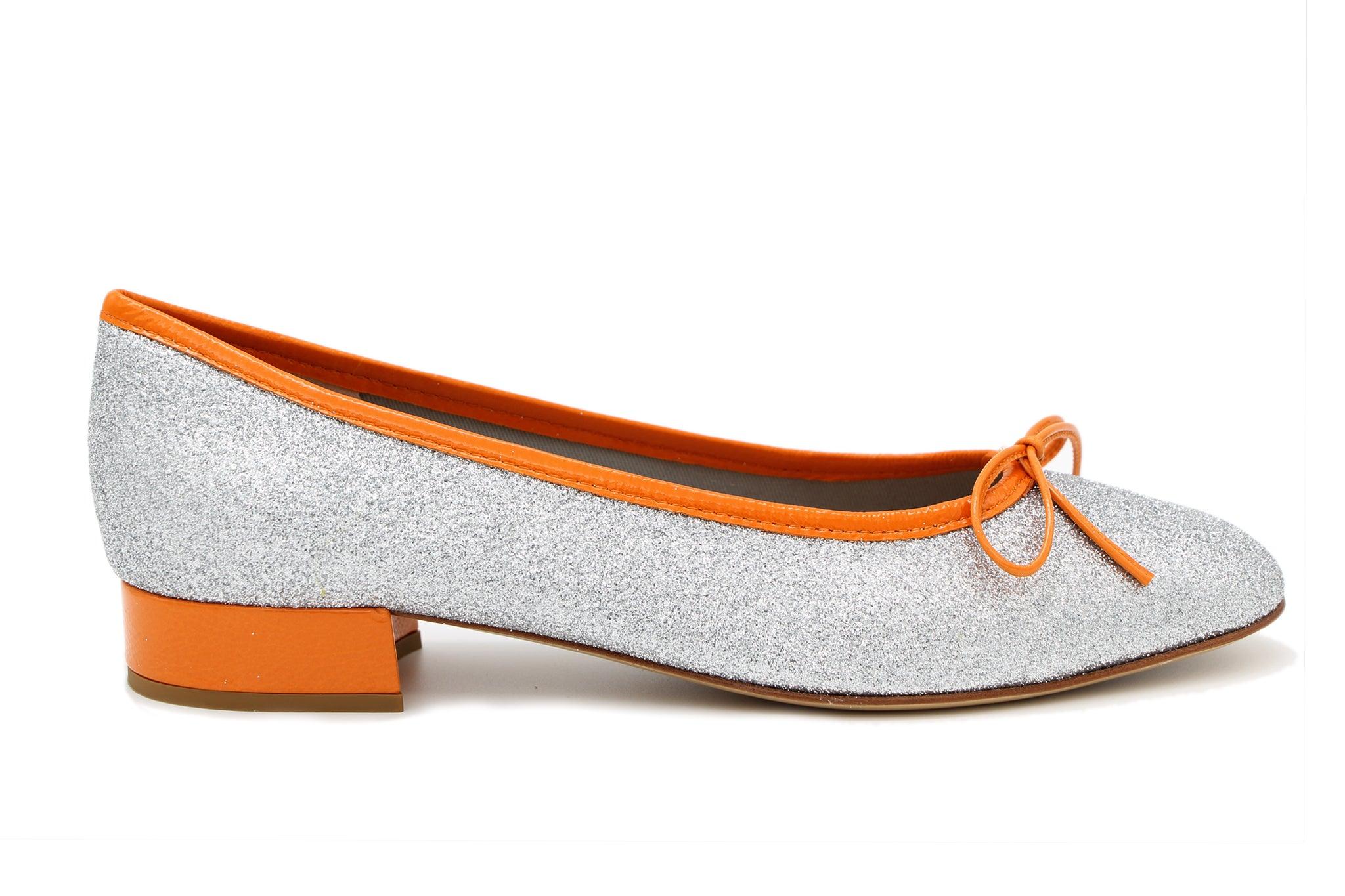 FABUCCI Women's Silver Shimmer Ballet Flats with Orange Trim - Comfortable Slip-On Shoes for Work, Party & Casual Wear