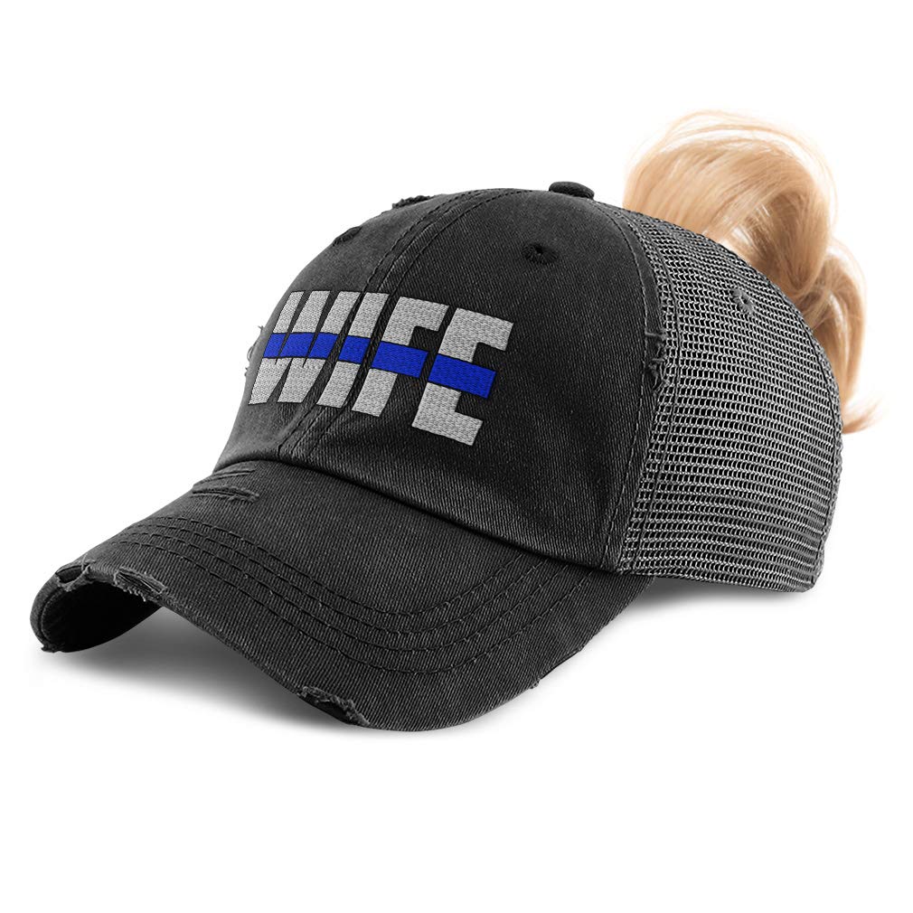 Custom Women's Ponytail Cap - Thin Blue Line Flag Embroidery Cotton Baseball Hat for Police Wives - Perfect for Outdoor Activities, Sports & Patriotic Events