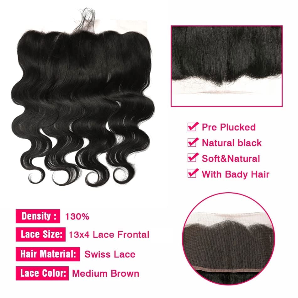 10A Brazilian Body Wave Human Hair Bundles with Frontal (16 18 20+14) - 100% Unprocessed Virgin Hair Extensions for Length & Volume - Perfect for Daily Wear, Parties & Special Occasions