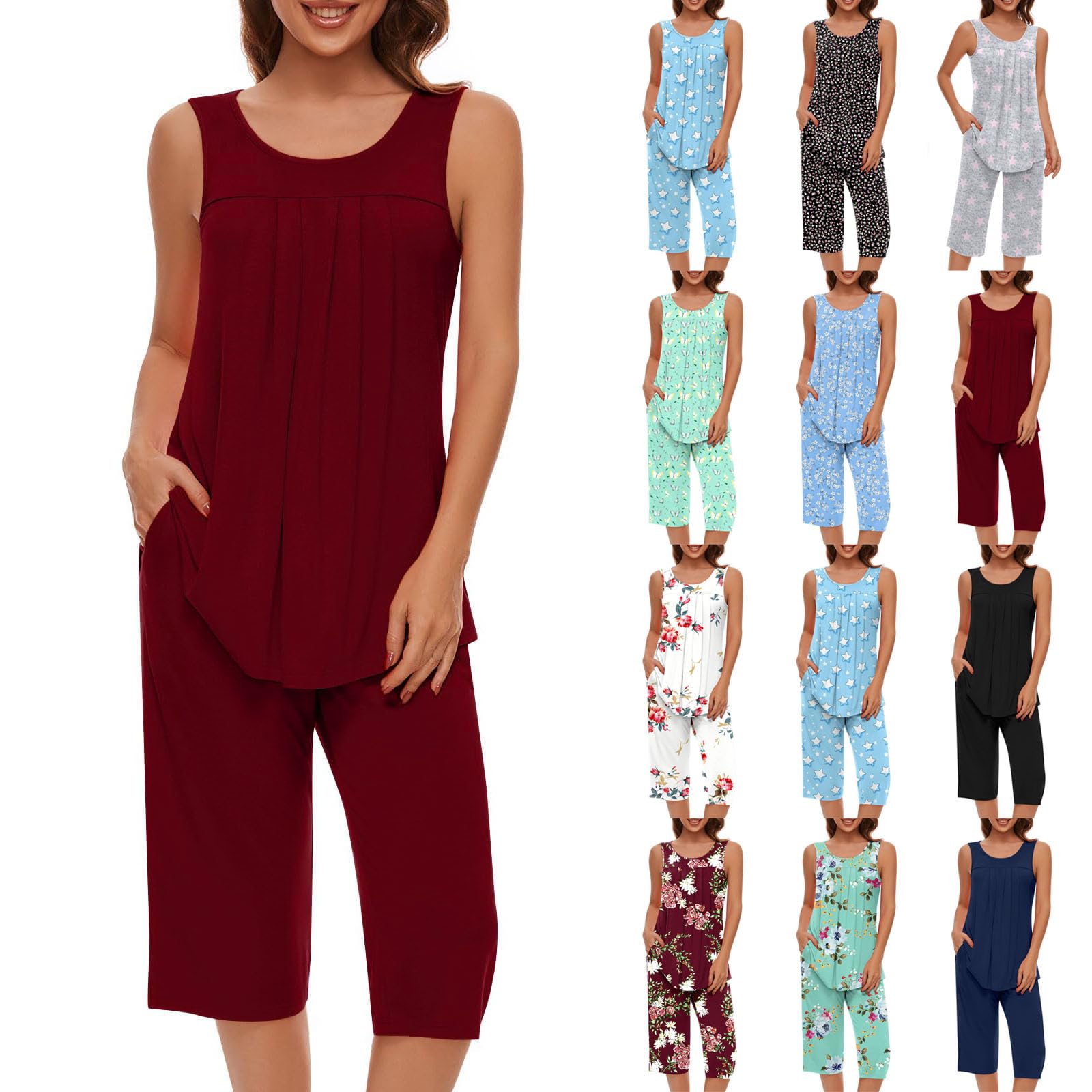 Women's 2-Piece Pajama Set - Floral Print Sleeveless Tank Top & Capri Pants Soft Summer Sleepwear for Lounge & Sleep | Comfortable Nightwear for Relaxing at Home