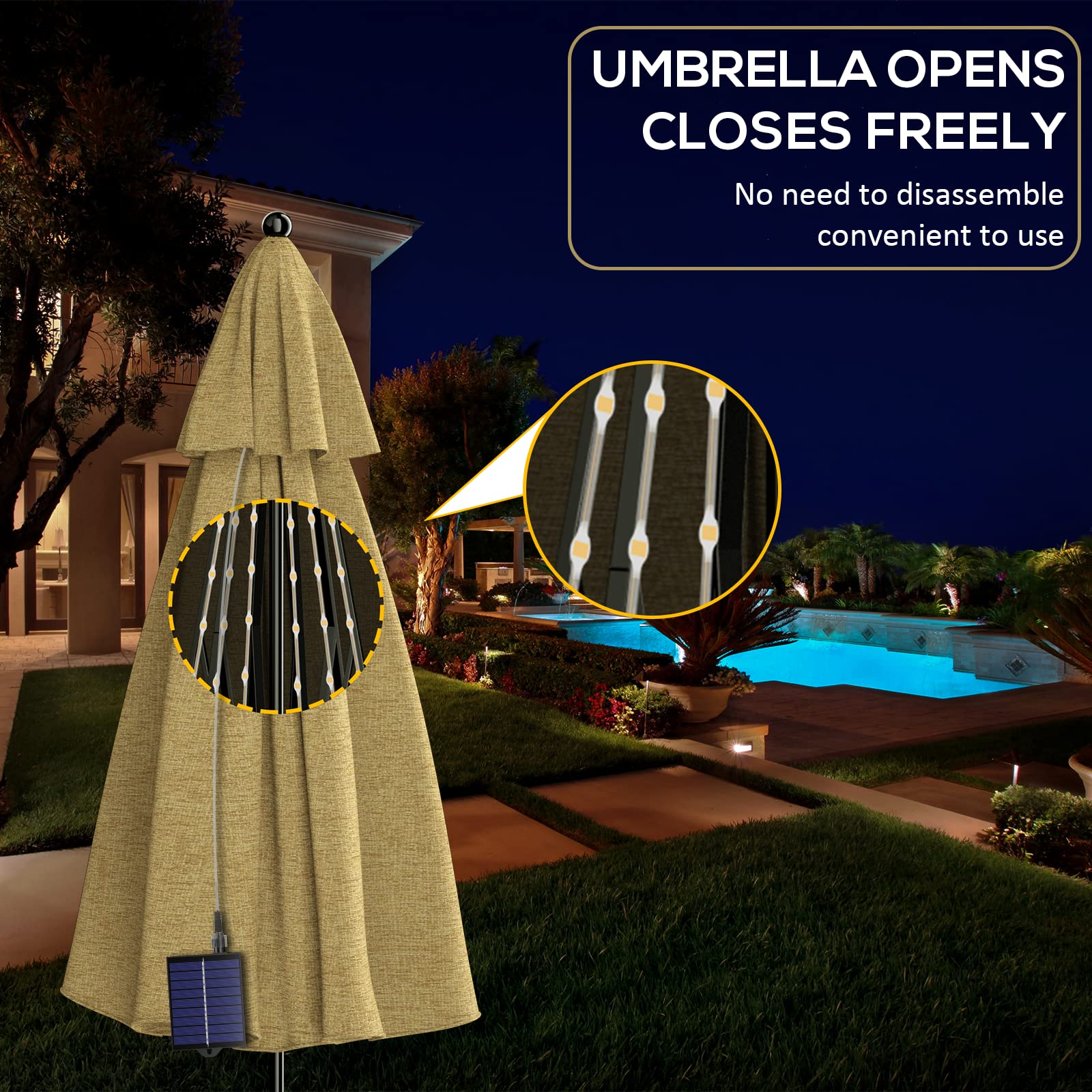 Solar Powered Patio Umbrella Lights - 8 Lighting Modes with Remote Control, Waterproof Outdoor String Lights for Garden, Beach, Tent & Party Decorations | Perfect for Patio Dining, Backyard BBQs and Evening Gatherings