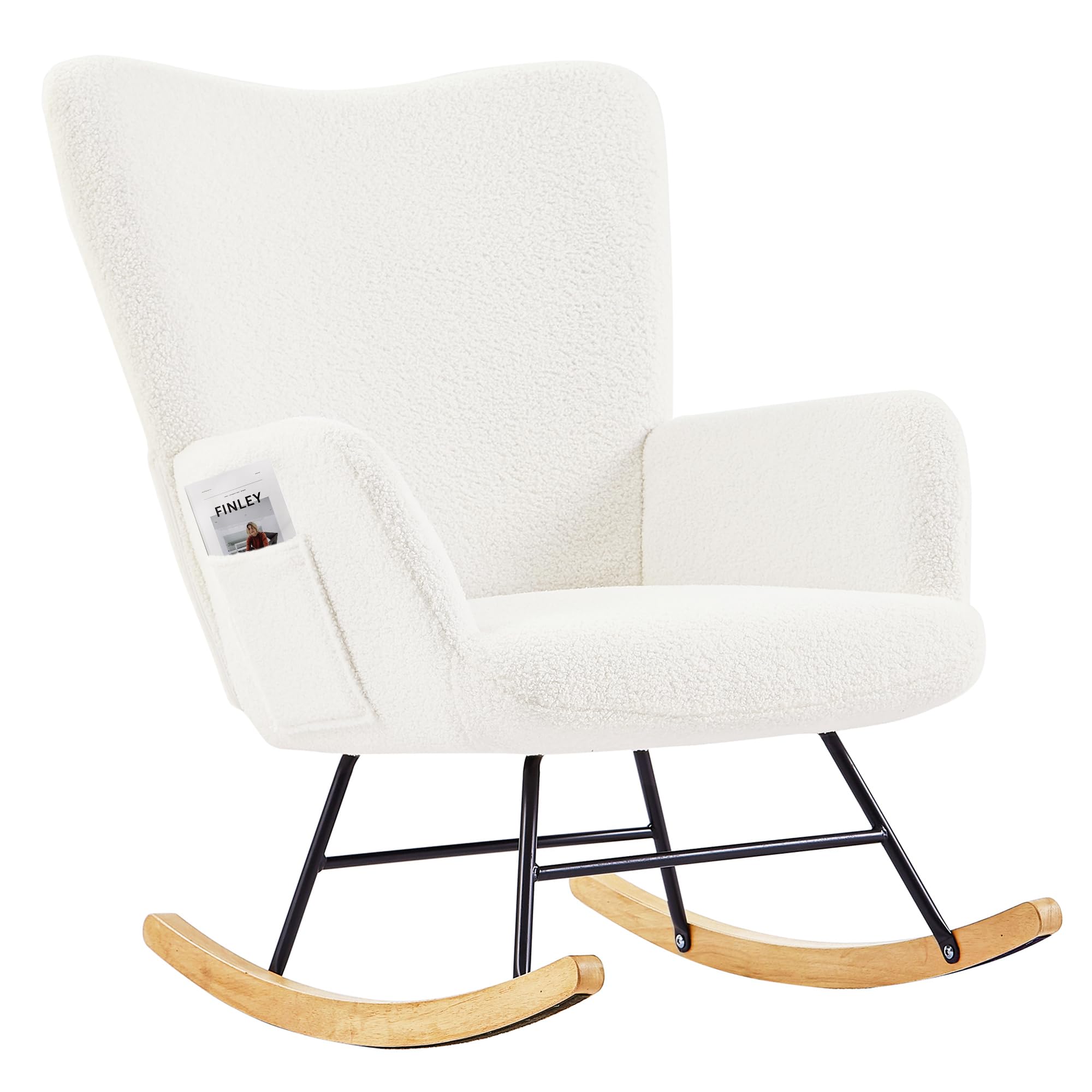 VECELO Modern Upholstered Teddy Fabric Rocking Chair - Nursery Glider with Padded Seat & High Backrest - Comfortable Armchair with Storage Pocket for Living Room, Bedroom, Balcony or Office Use - Perfect for Nursing, Reading & Relaxing