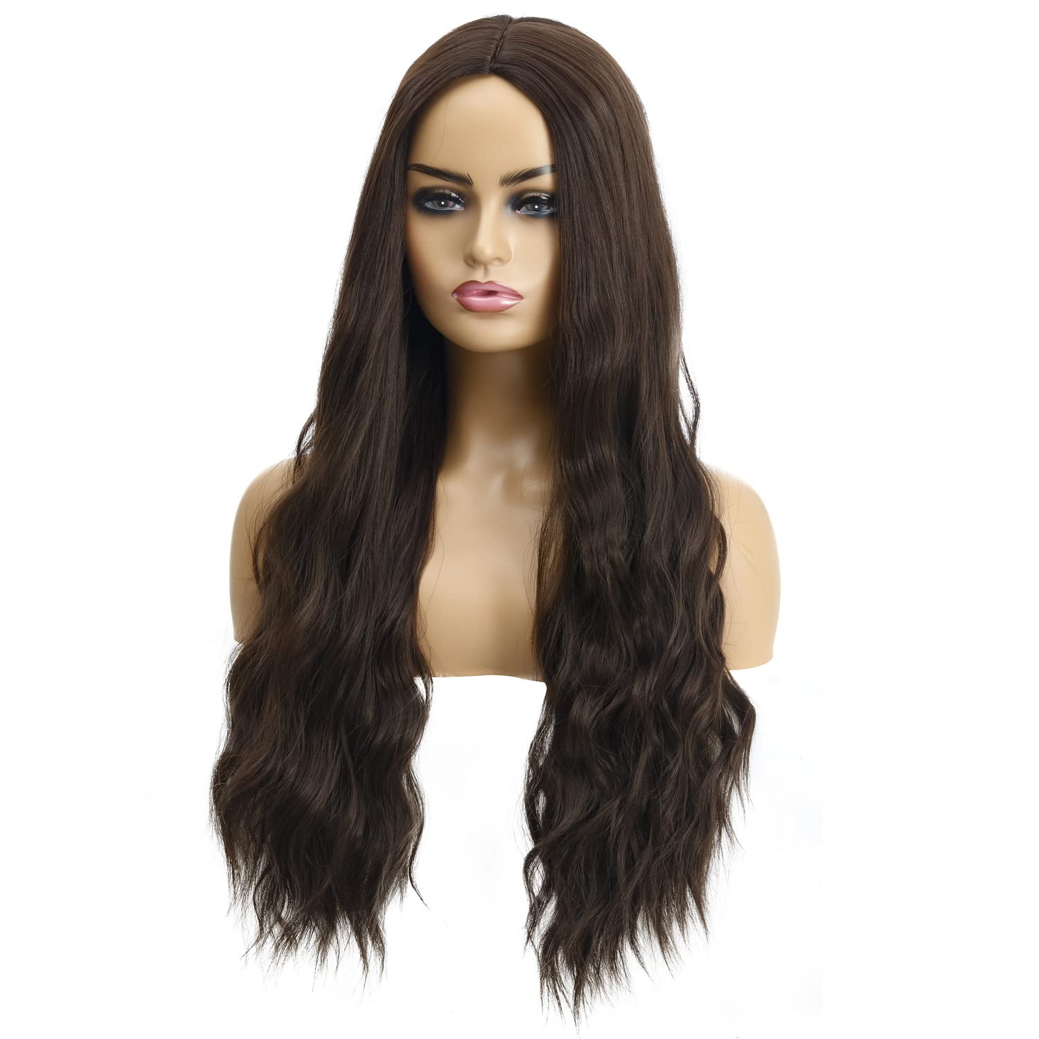 AGIPS Jiaxu Long Curly Synthetic Wigs for Women - European & American Style Fashion Wavy Hair - Black Brown Heat Resistant Fiber Wig (WIG-345E) - Perfect for Cosplay, Parties, Daily Wear & Special Occasions