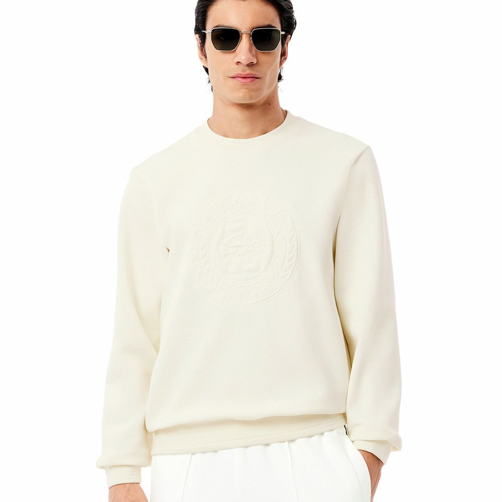 Lacoste Men's Embossed Logo Pique Sweatshirt - Premium Cotton Crewneck Pullover, Casual Slim Fit Sweater, Cream Color | Perfect for Casual Wear, Office Outfits & Weekend Style