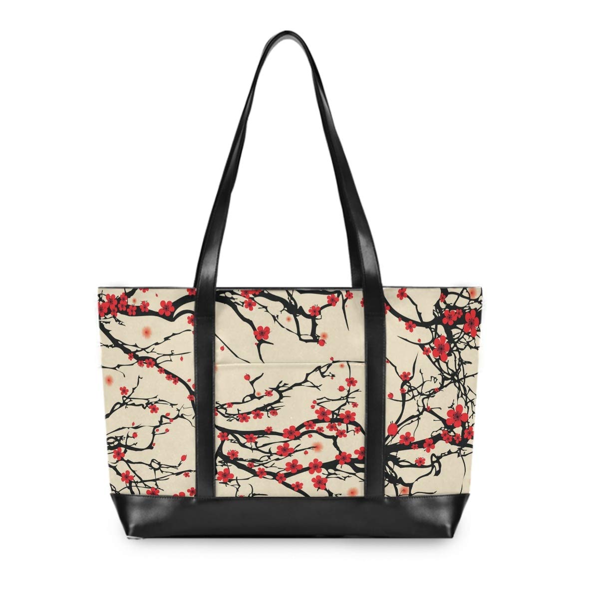 15.6 Inch Waterproof Laptop Tote Bag for Women - Stylish Canvas Computer Bag with Plum Blossom Design, Perfect for College Students & Office Work - Durable Bookbag for Daily Commute & Business Travel