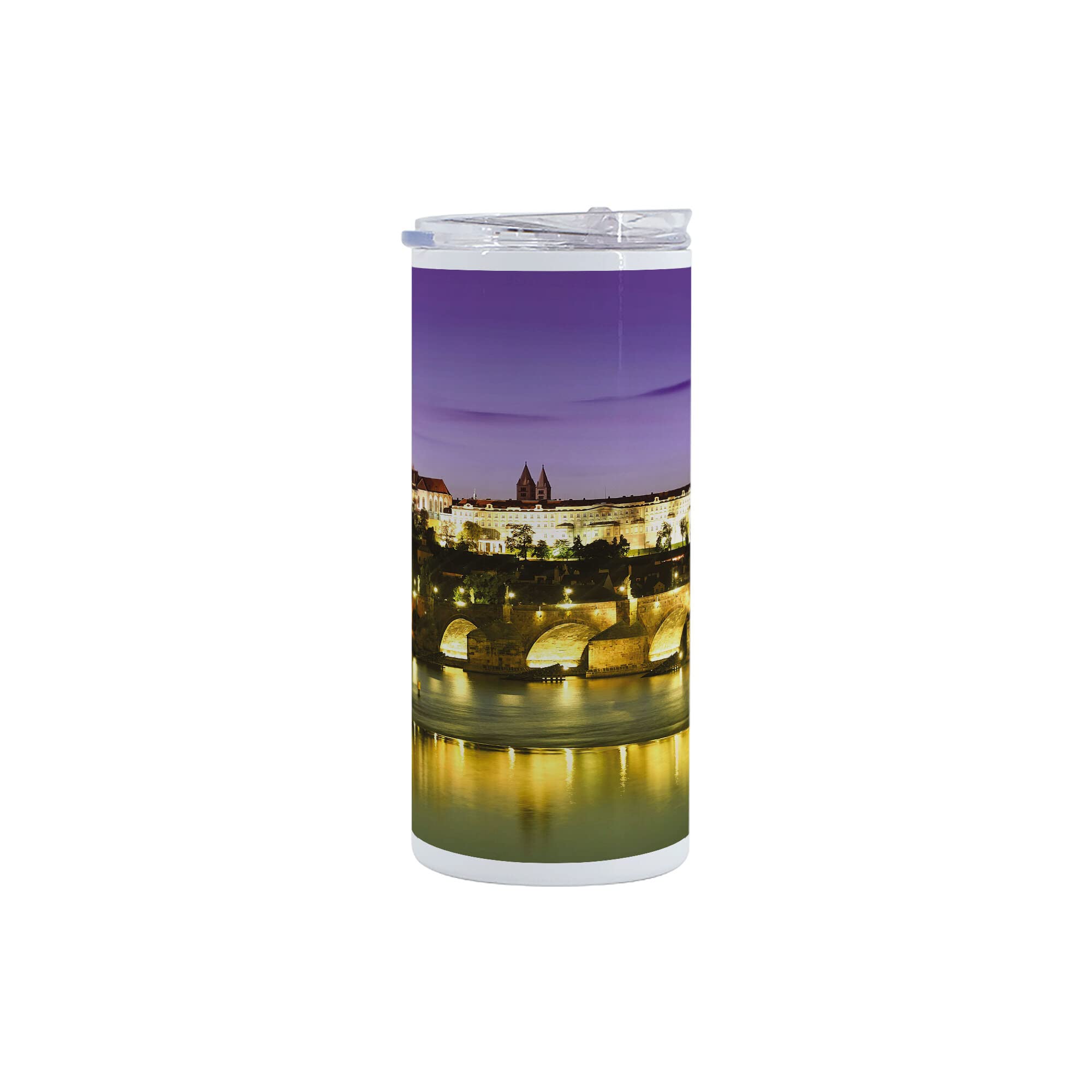 Ambesonne 12 Oz Skinny Tumbler with Charles Bridge Prague Design - Vacuum Insulated Stainless Steel Travel Mug - Leakproof for Coffee, Tea & Cold Drinks - Perfect for Travel, Office, Hiking & Picnics (Purple, Yellow, Brown)