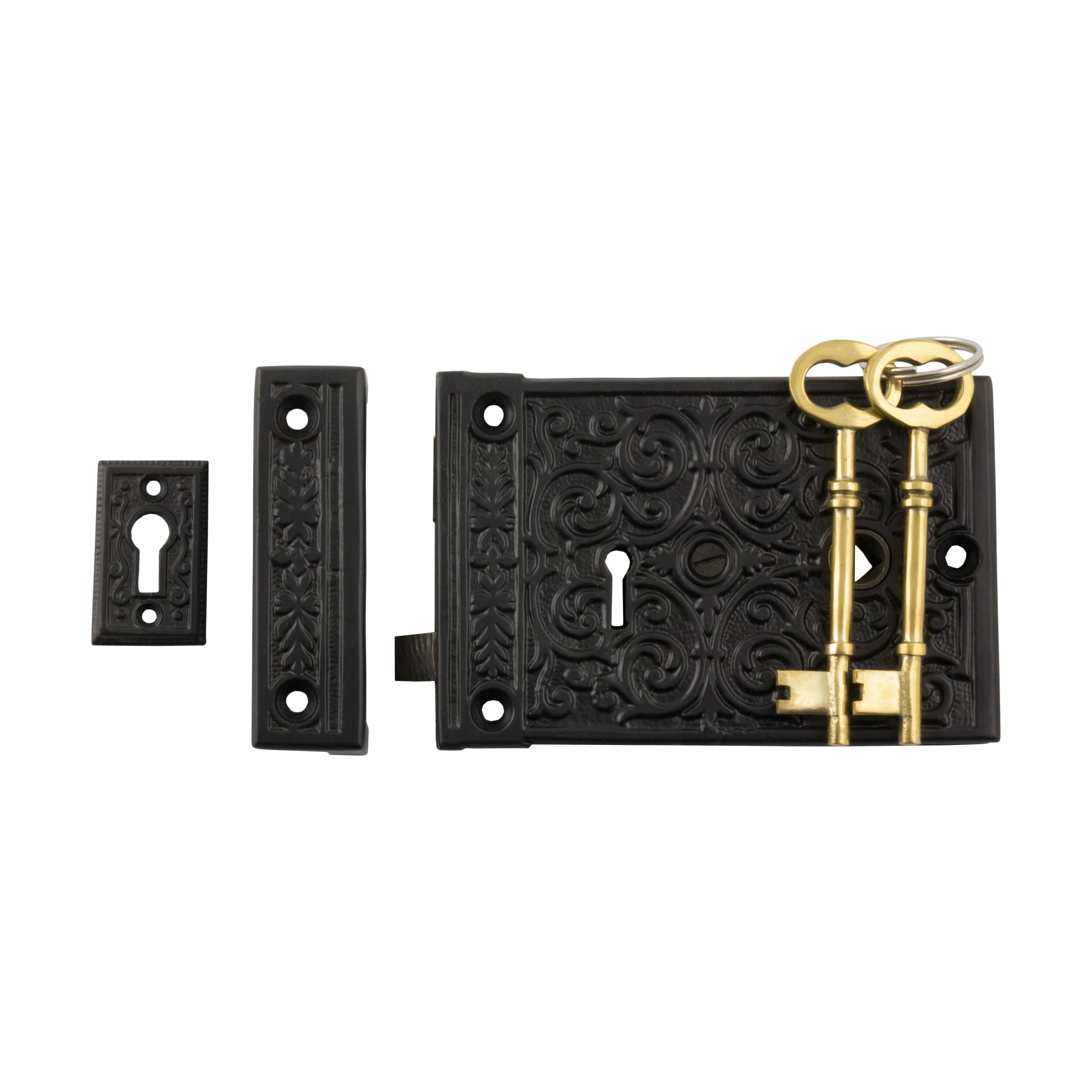 Ornate Matte Black Rim Lock 2010 - H90xW130mm, 100mm Backset - Vintage Style Door Lock for Home, Office & Antique Furniture Security