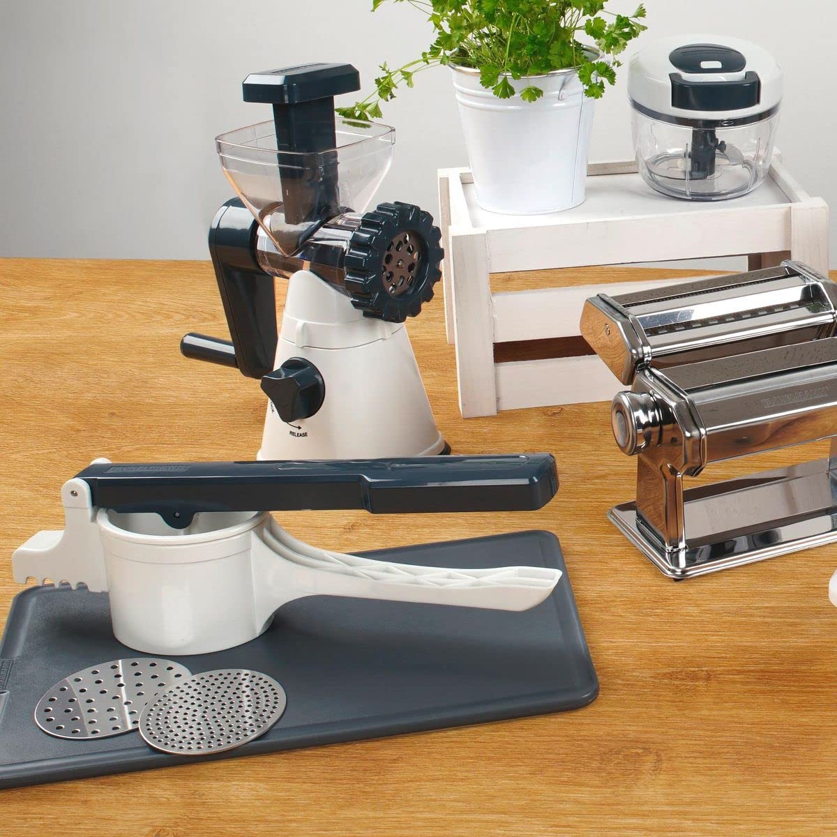 Stainless Steel & Plastic Potato Press - Easy to Use, 35x9x12.5cm (White/Blue/Silver) - Perfect for Mashed Potatoes, Baby Food & Cooking Prep