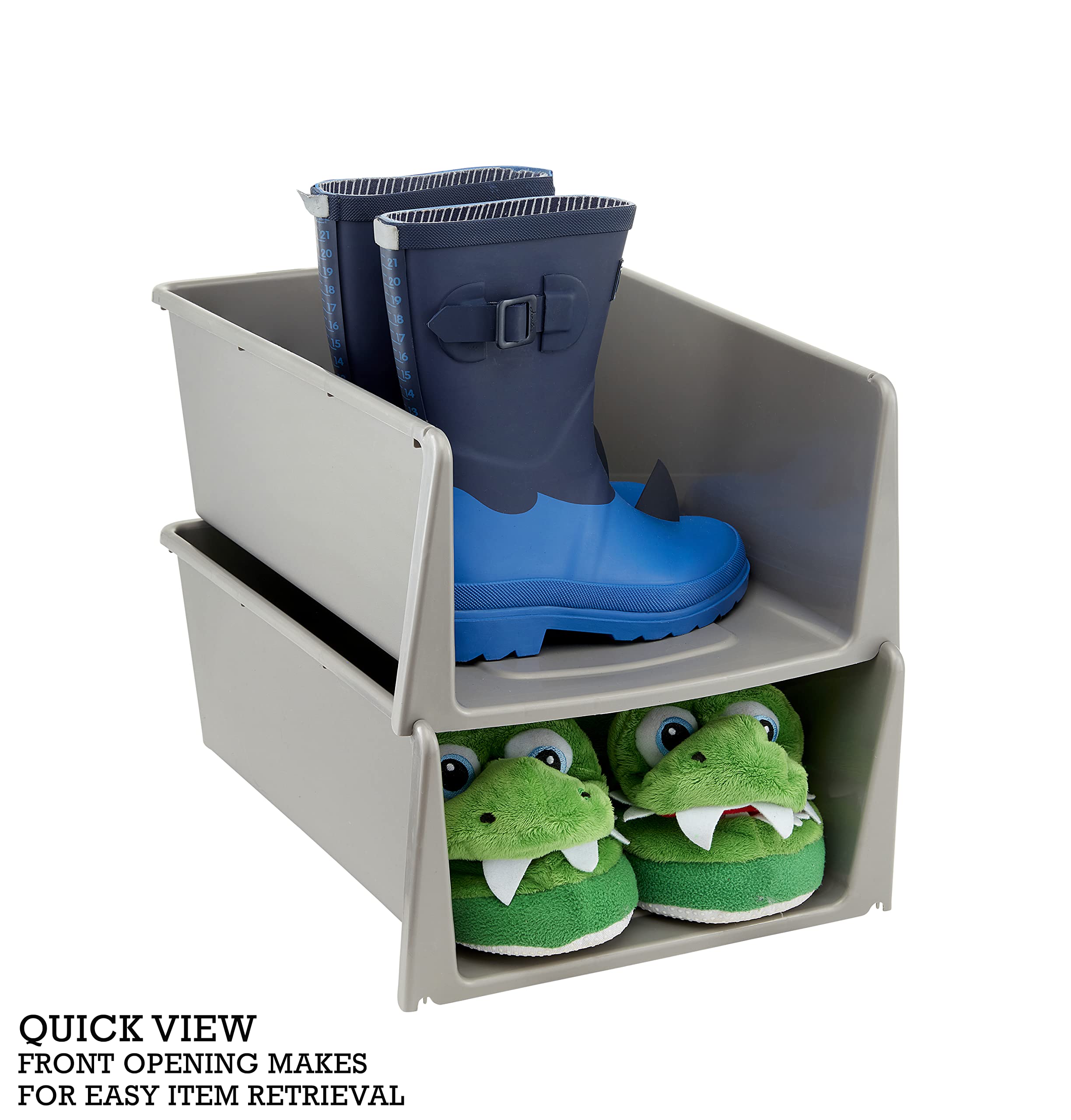 Stackable Open Front Storage Bins - 3 Pack Grey Organizing Containers (15.2