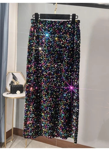 French High Waisted Slim Skirt for Women - Shiny Black Sequin Mid-Length Skirt with Side Split, Thickened Hip Design & All-Match Styling | Perfect for Parties, Date Nights & Evening Events