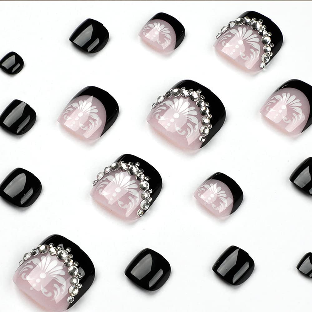 24pcs Black Press on Toenails - Square Fake Nails with French Tips & Floral Rhinestone Designs | Full Cover Acrylic Stick on Toes for Women & Girls | Perfect for Pedicures, Parties, Vacations & Summer Nail Looks