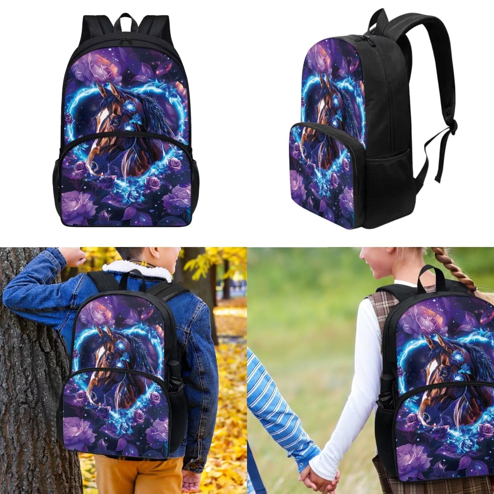 Floral Print 3-in-1 Backpack Set for Teen Girls - Horse Design School Backpack with Lunch Bag & Pencil Case, Durable Laptop Bookbag for High School & College | Perfect for Class, Travel & Outdoor Activities