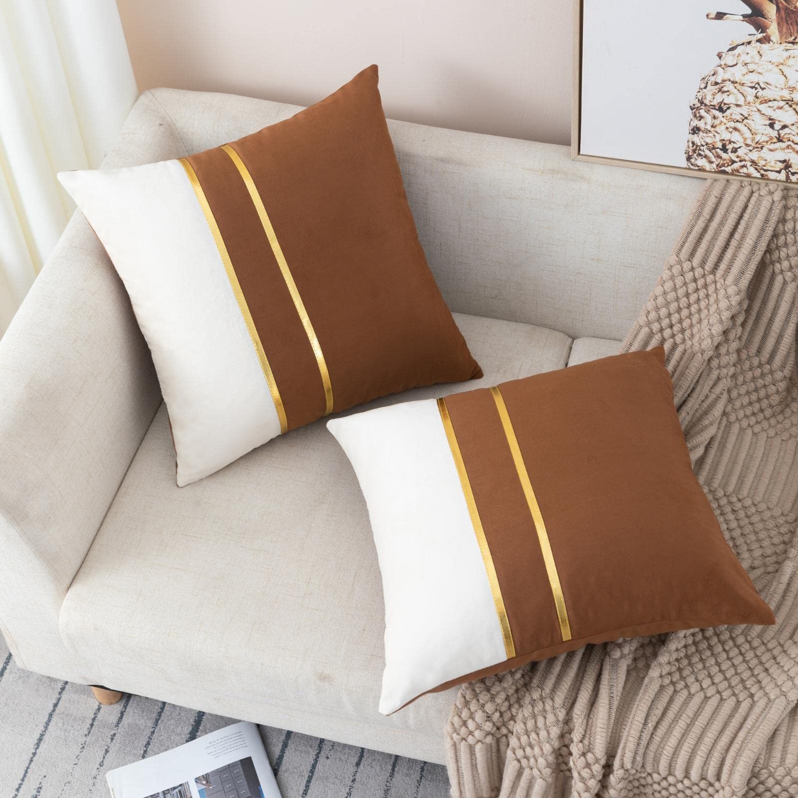 ZLINA Set of 2 Velvet Decorative Throw Pillow Covers - Brown & White Patchwork with Gold Leather Accents (18×18 Inch) for Sofa, Bed & Car - Luxury Cushion Covers for Living Room, Bedroom & Travel Decor