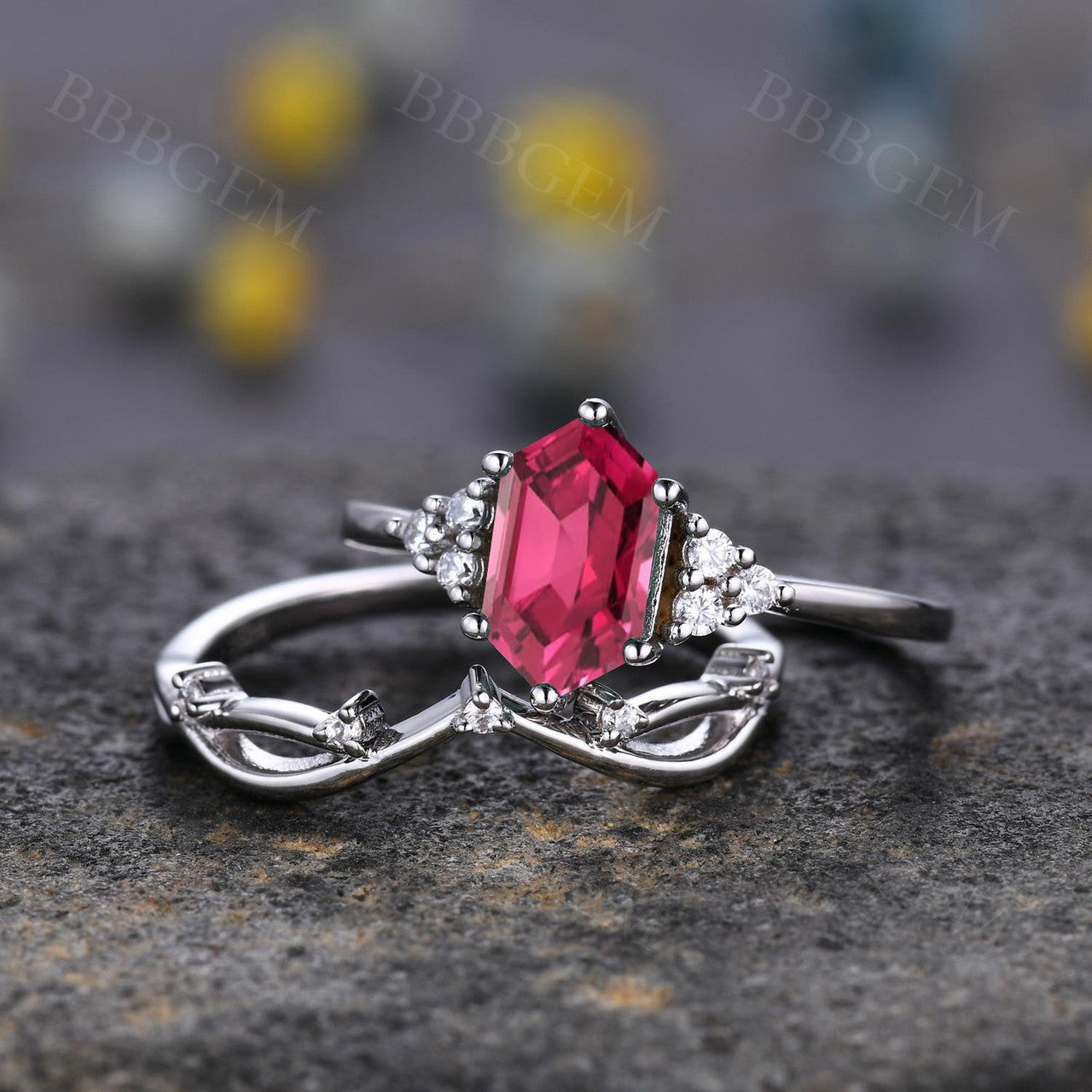 Hexagon Ruby and Diamond White Gold Wedding Ring Set - Nature-Inspired Twig Leaf Vine Cluster Design for Women - Perfect for Engagement, Anniversary, and Special Occasions