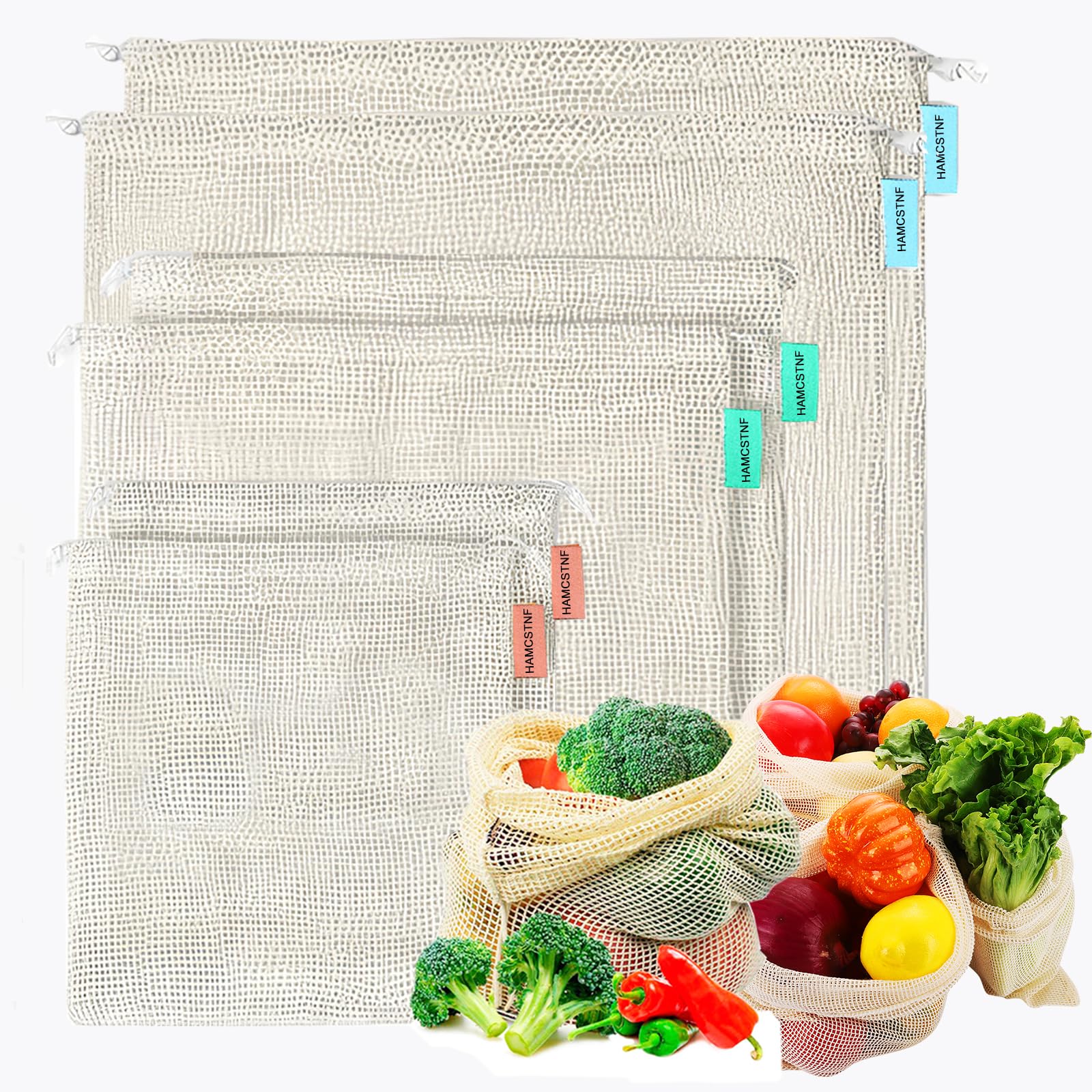 Reusable Washable Cotton Mesh Produce Bags for Fruits & Vegetables - Eco-Friendly Grocery & Bulk Shopping Bags with Drawstring (6 Pack: 2 Small, 2 Medium, 2 Large) - Perfect for Farmers Market, Organic Shopping & Zero Waste Lifestyle
