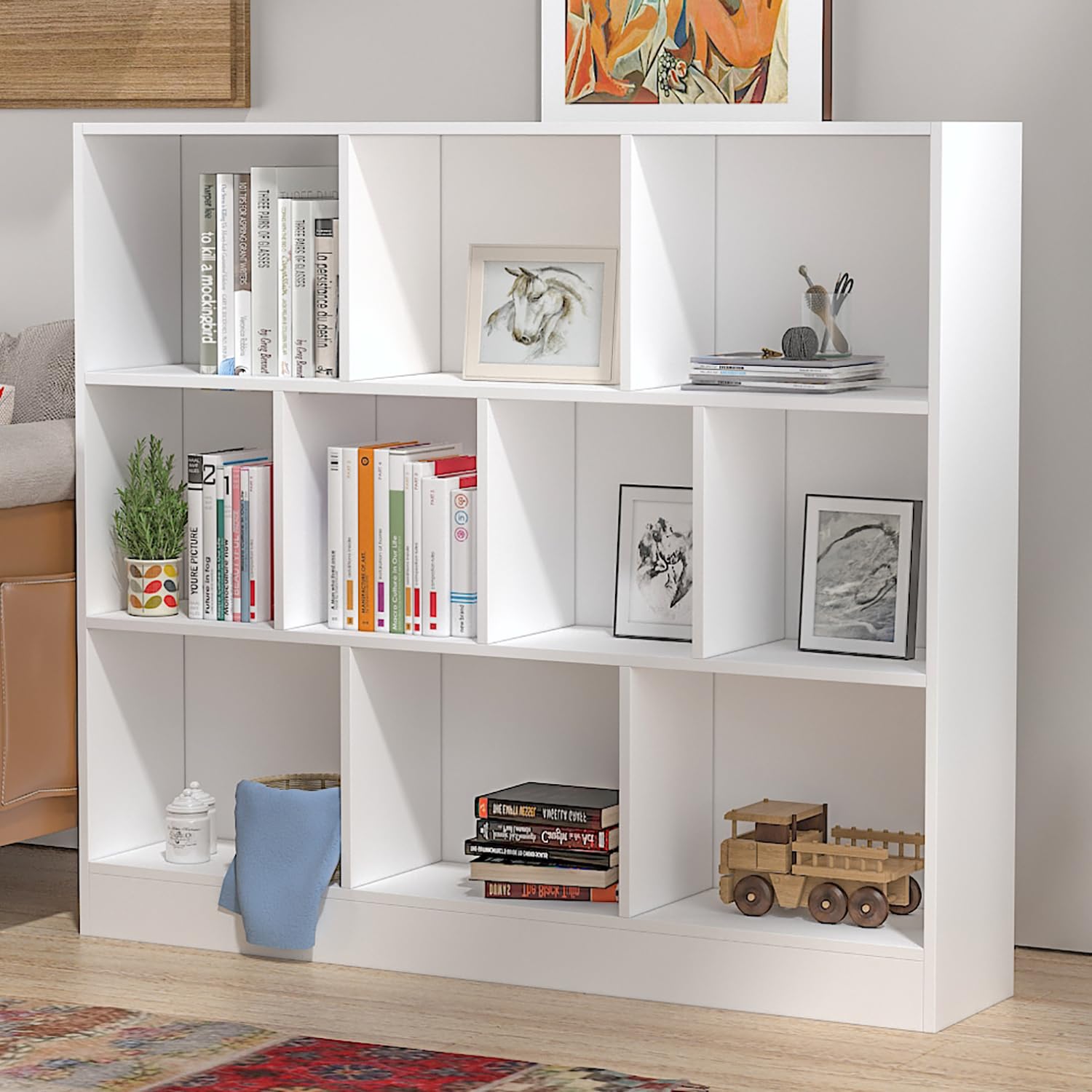 AIEGLE 10-Cube Bookshelf - 3-Tier Wooden Cube Storage Shelf, Modern Floor Standing Bookcase for Kids Bedroom, Living Room & Office - White (47.2