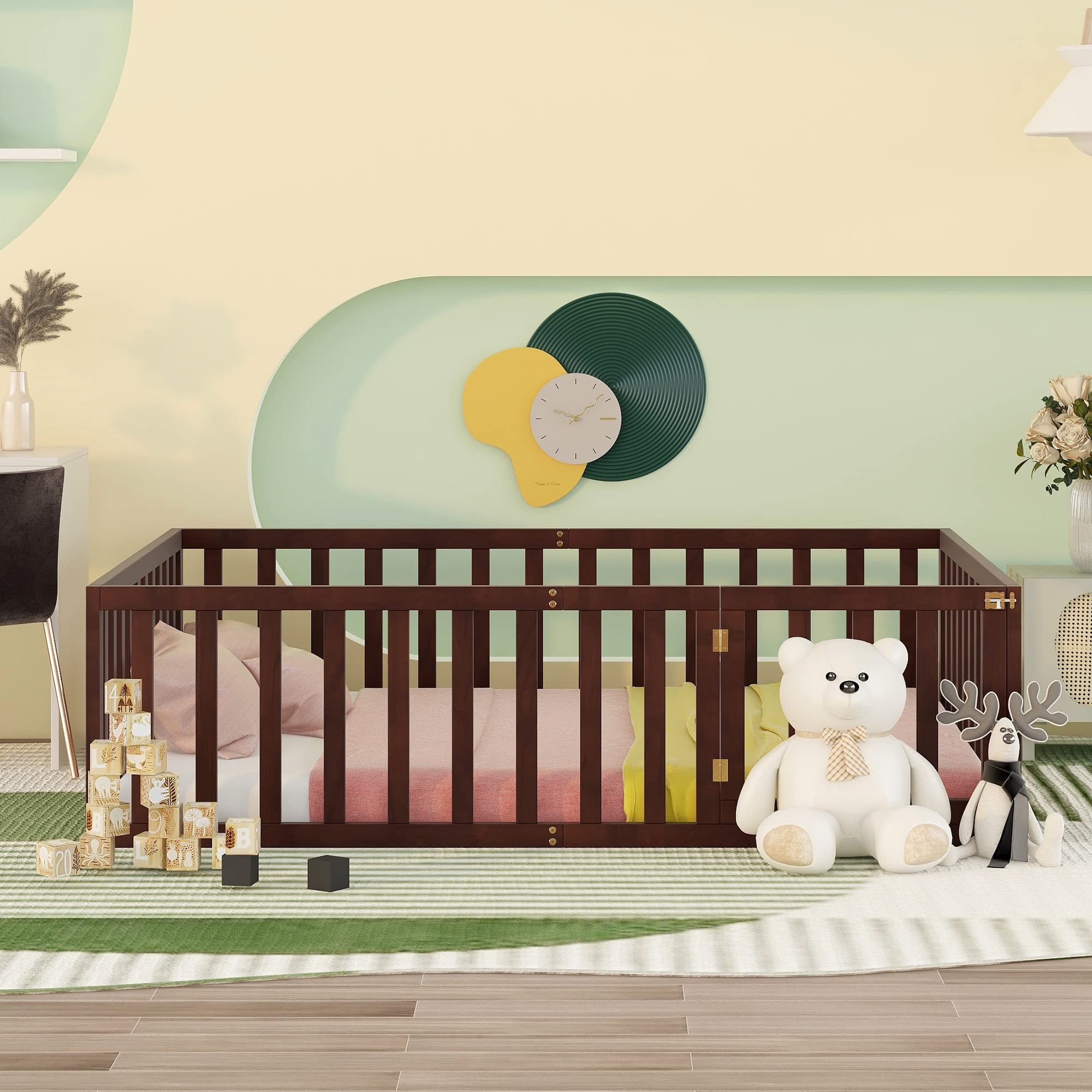 SOFTSEA Full Size Toddler Floor Bed with Safety Fence - Low Profile Kids Bed Frame with Spring Support - Perfect for Montessori Bedrooms & Child Safety