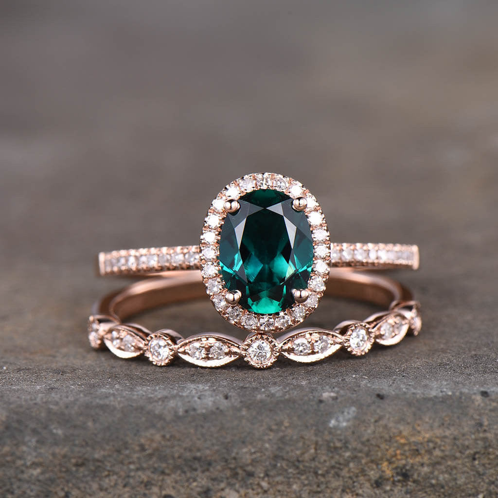 1.2 Carat Oval Emerald Diamond Halo Engagement Ring Set - Marquise Design Wedding Band - Perfect for Proposals, Anniversaries & Bridal Jewelry