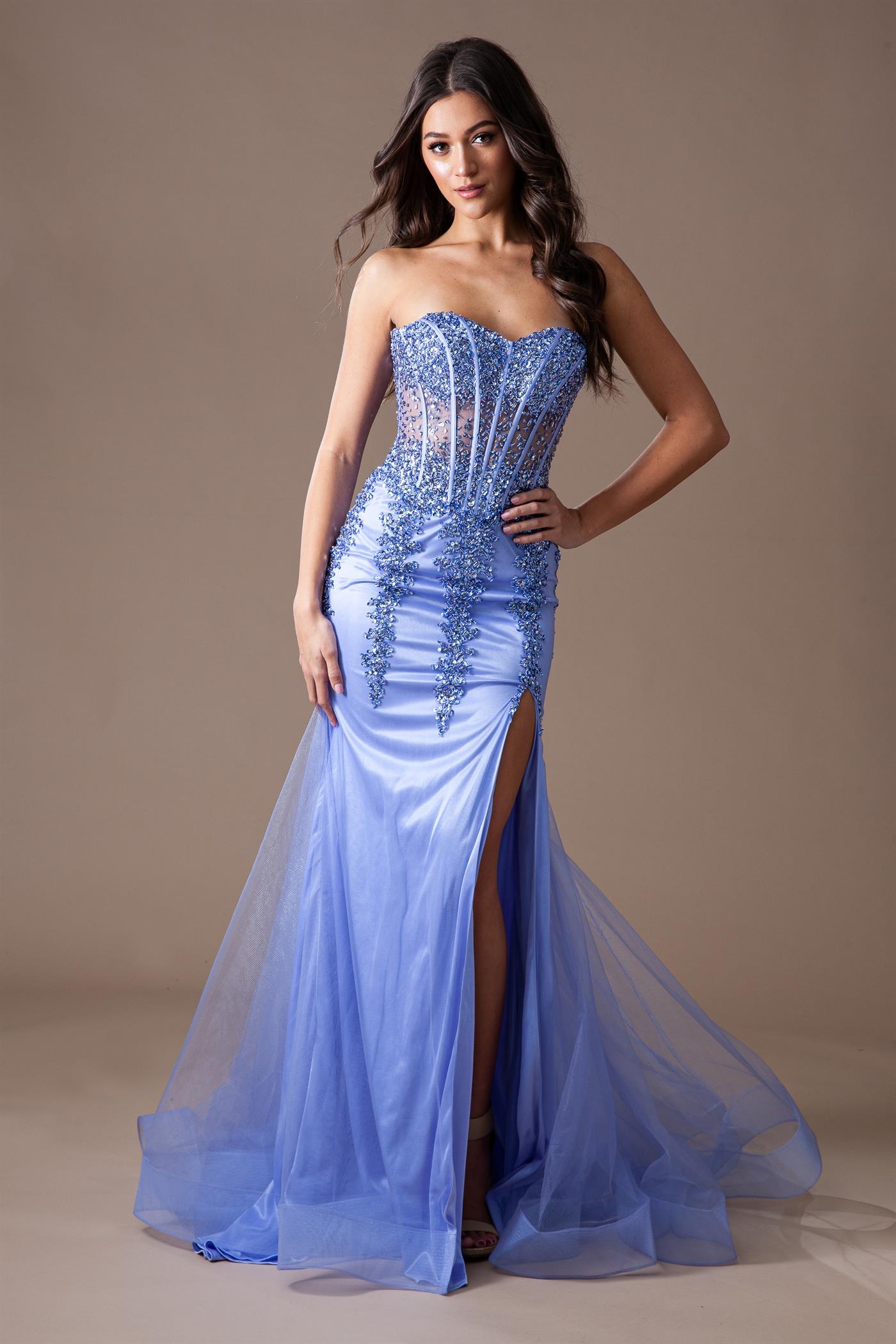Blakely Gown - Strapless Embellished Corset Tulle Dress in Periwinkle Blue | Formal Evening Gown for Prom, Wedding & Special Occasions