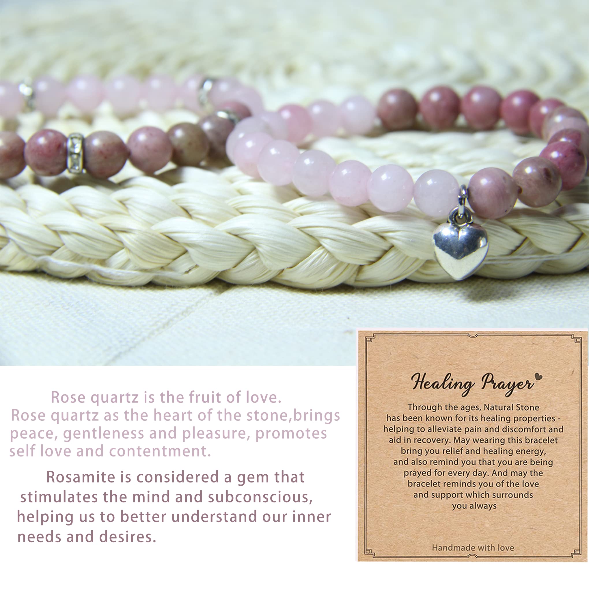 Healing Bracelets for Women - Rose Quartz & Rhodonite Crystal Bracelet with 8mm Natural Stones - Stress Relief, Yoga Meditation, Get Well Soon Gifts for Her - Perfect for Spiritual Healing, Wellness & Positive Energy