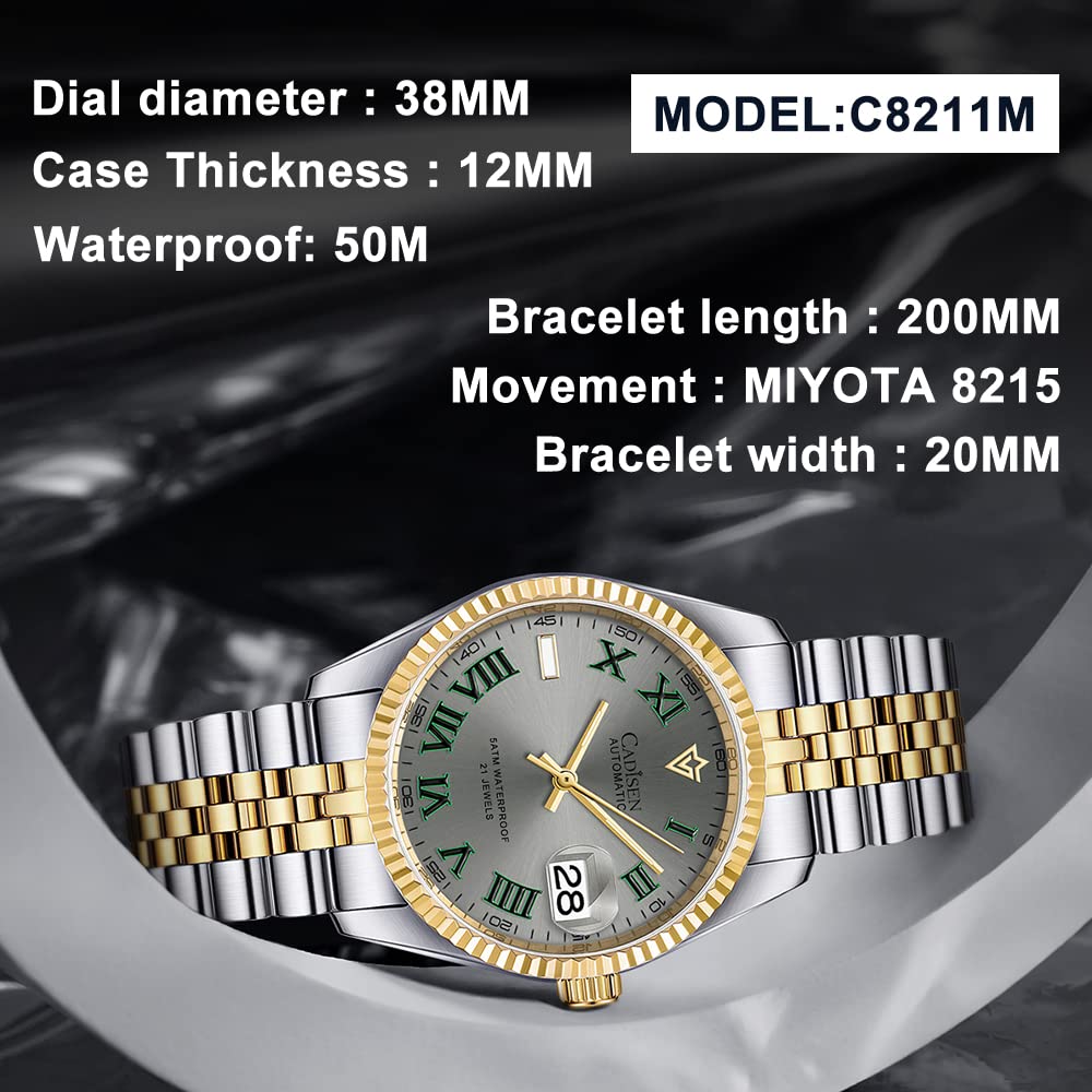 CADISEN Automatic Men's Watch with Japan 8215 Mechanical Movement - Waterproof Classic Design Stainless Steel Wristwatch for Business, Casual & Formal Occasions