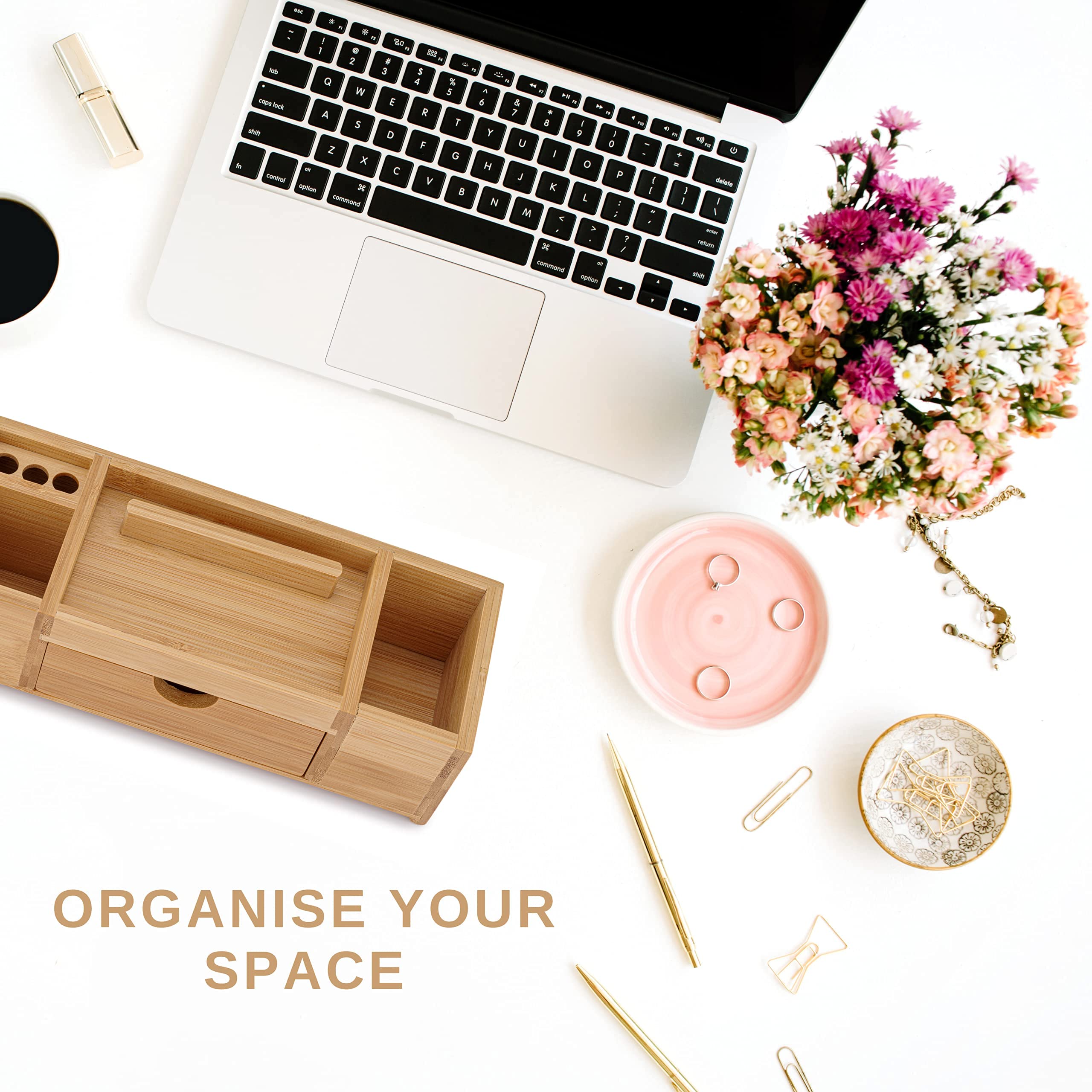 Premium Bamboo Desk Organizer with Drawers & Storage Compartments - Wooden Office Organizer with Pen Holder & Phone Stand - Perfect for Home Office, Study & Workspace Organization
