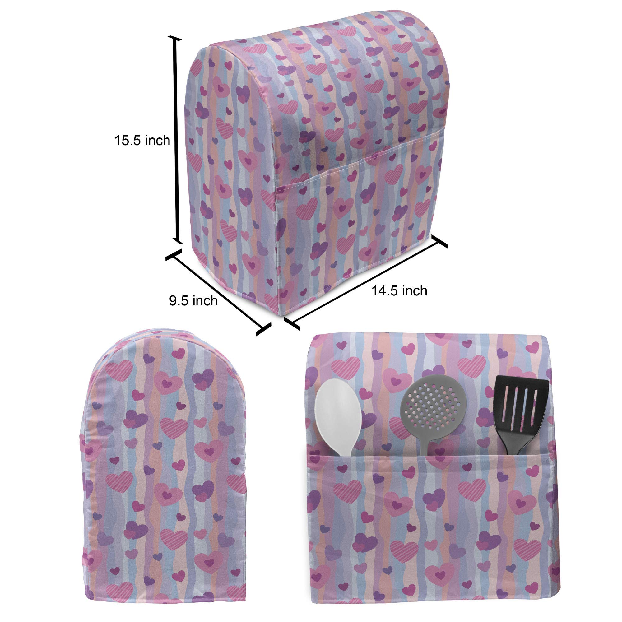 Ambesonne Love Stand Mixer Cover - Hearts & Vertical Stripes Design for Valentine's Day, Romantic Wedding Kitchen Decor - 6-8 Quart Pale Mauve Purple Mixer Bag with Storage Pocket | Perfect for Kitchen Organization, Gift Giving & Holiday Decorations