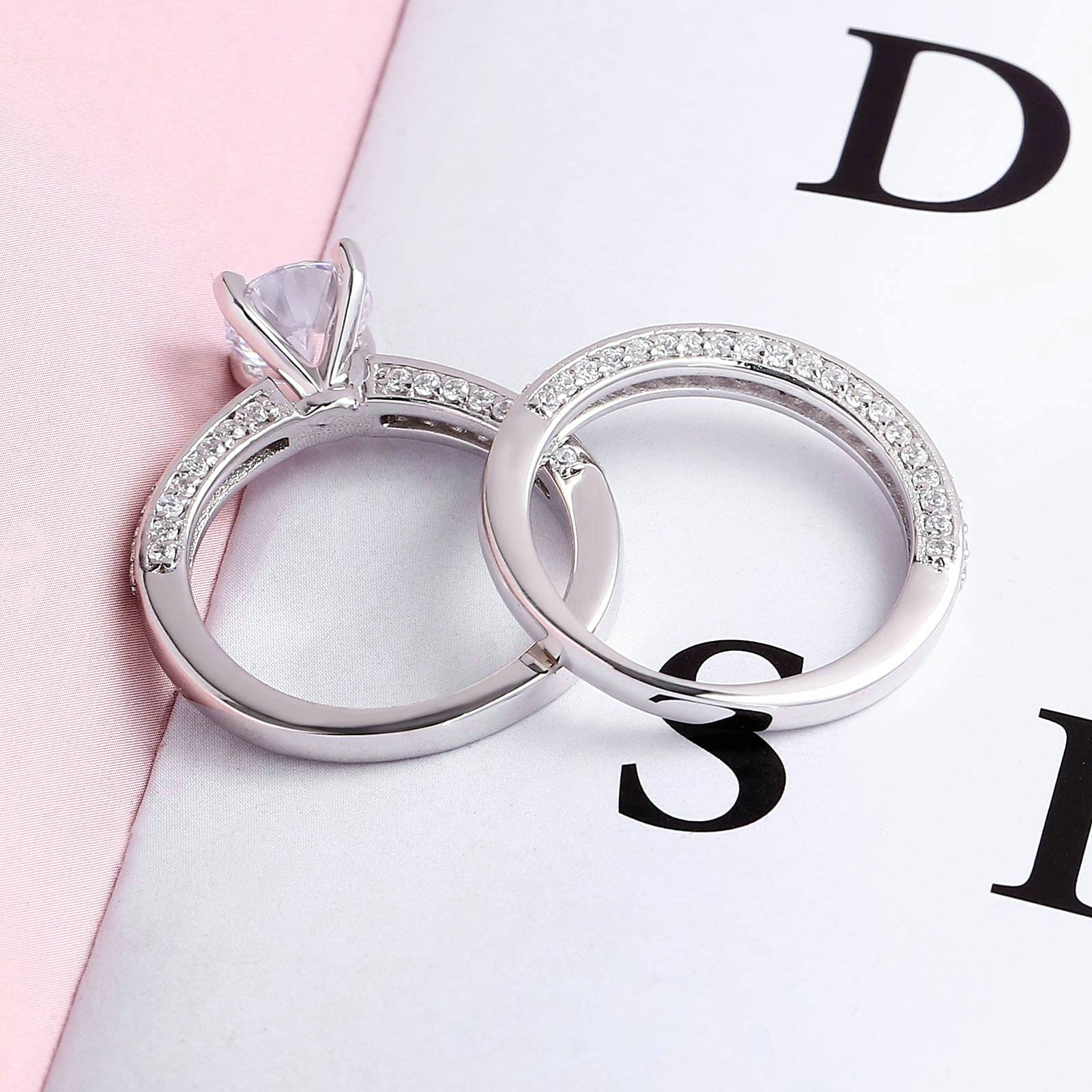 Gualiy Sterling Silver Band Rings for Women - Wedding & Marriage Rings Set with Round Cubic Zirconia (2Pcs, Size 4-11) | Perfect for Engagement, Anniversary & Everyday Wear