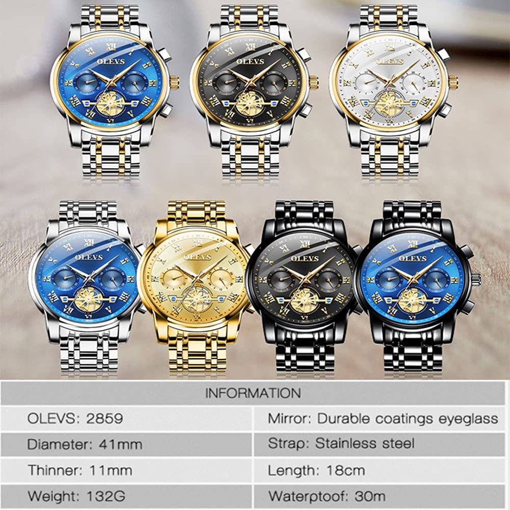 OLEVS Men's Fashion Casual Analog Quartz Watch - Waterproof Stainless Steel Band Dress Watch with Day Window (Gold White Dial) | Perfect for Business, Office, and Formal Occasions