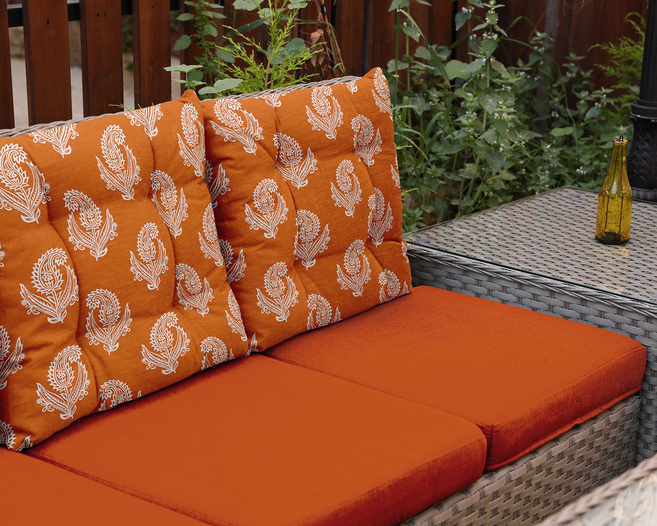 Water Resistant Indoor/Outdoor Tufted Square Patio Cushion Set of 2 - 19-inch Orange Asian Block Paisley Printed Seat Cushions for Garden, Poolside & Deck Furniture | Weatherproof Outdoor Pillows