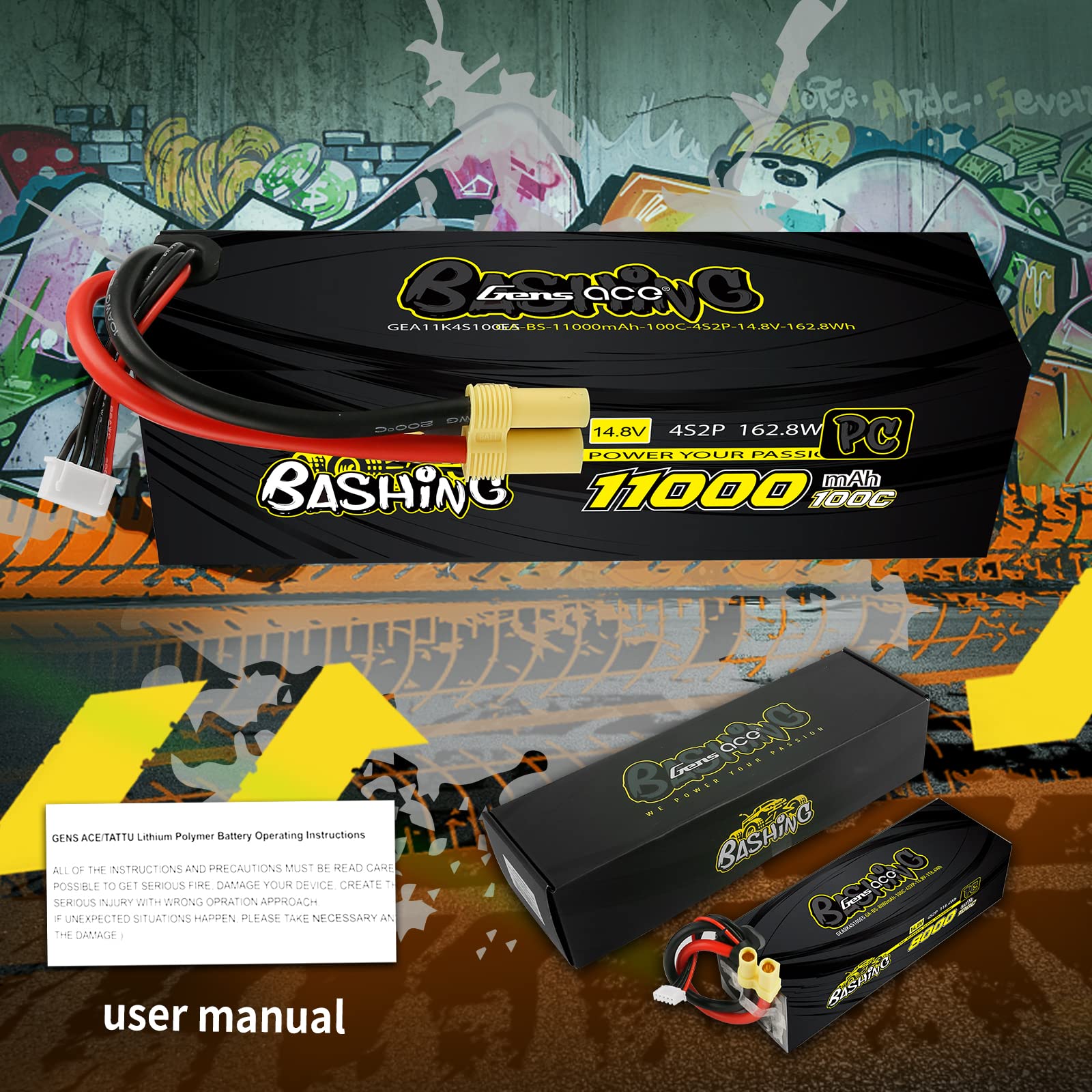 Gens ace 4S 14.8V 11000mAh 100C Lipo Battery with EC5 Plug - High Performance RC Car Battery for RC Trucks, Drones & Racing Models | Long Lasting Power for Off-Road Bashing, Crawling & Competitive Racing